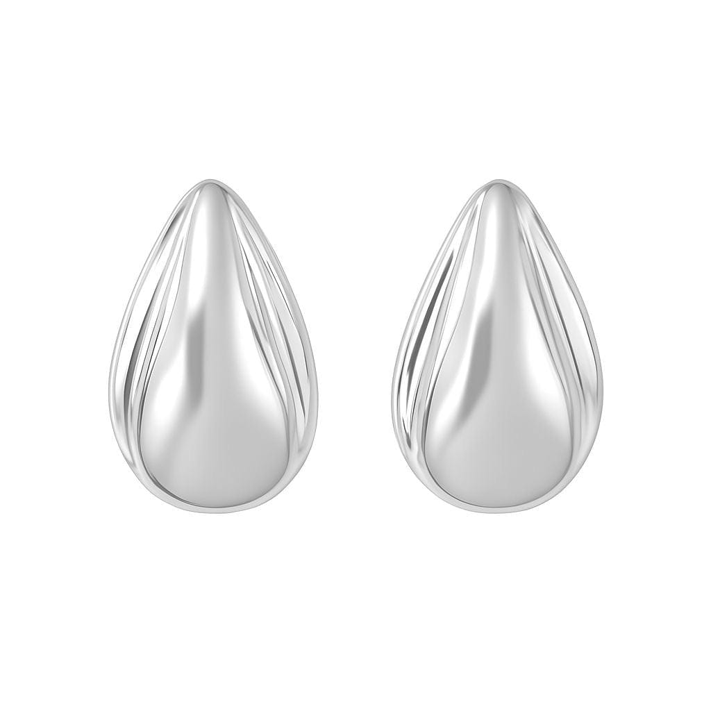 The Perfect Hoop Harlow Earrings in silver, sculptural teardrop design with a fluid twist, shown on white background, high-shine modern finish.