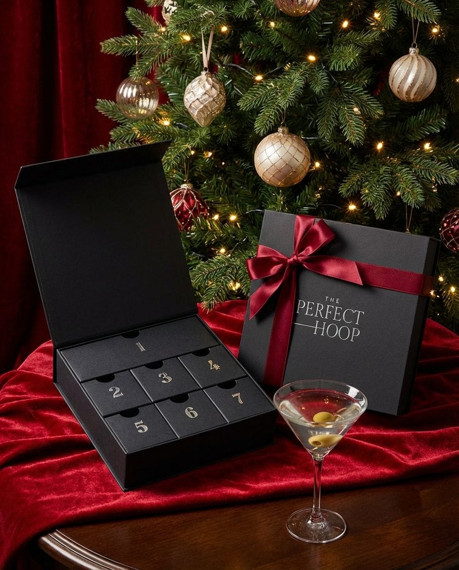 The Perfect Hoop holiday gift box featuring seven numbered drawers, displayed on red velvet with a martini glass, beside a lit Christmas tree with gold ornaments.