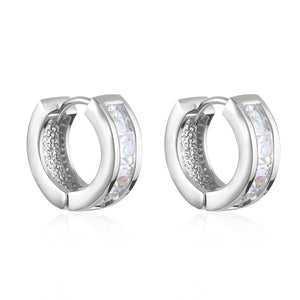 Almeria Hoop earrings in platinum layered with sparkling cubic zirconia stones, featuring a sleek and polished hoop design, displayed on a white background