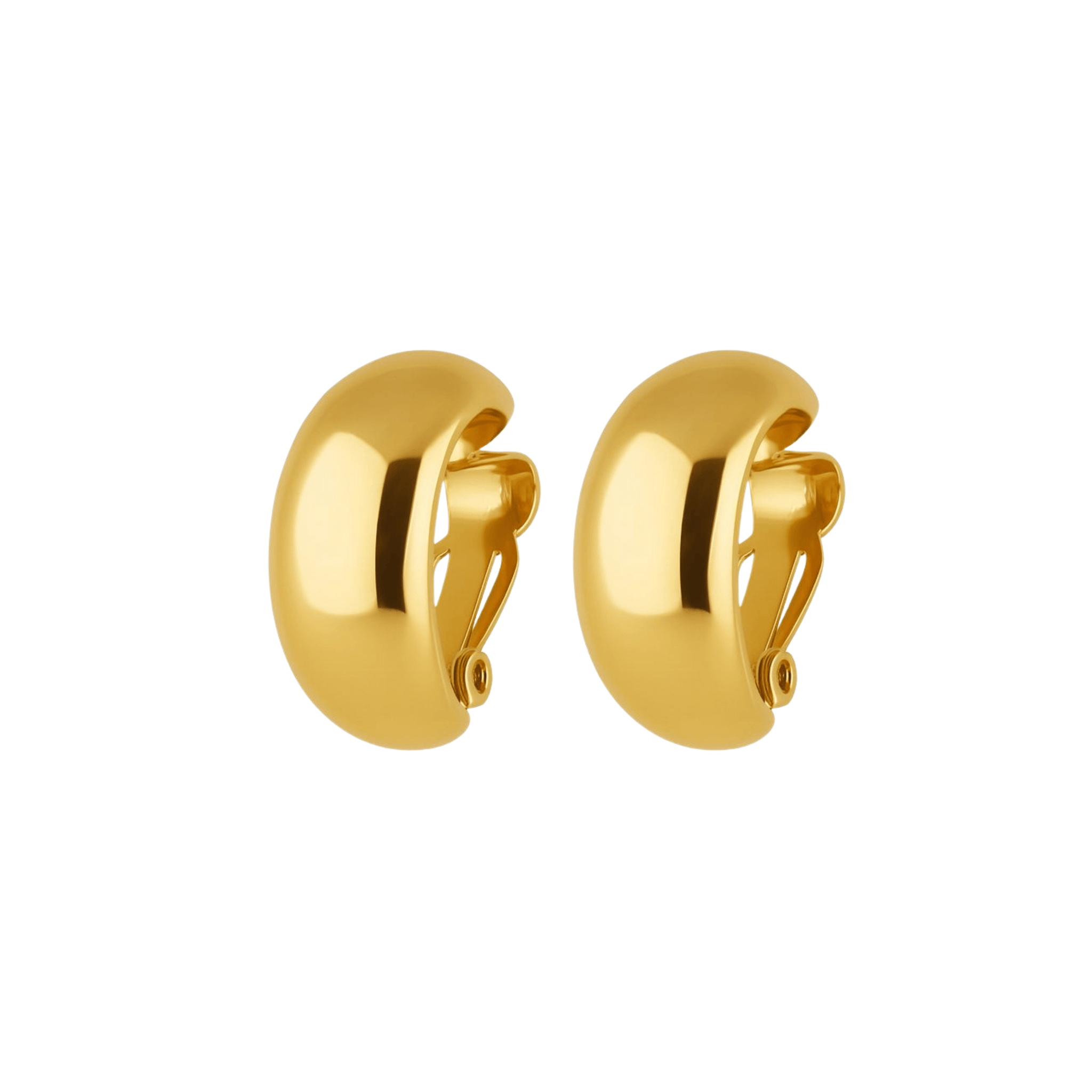 Pair of gold domed clip-on earrings on a white background by The Perfect Hoop.