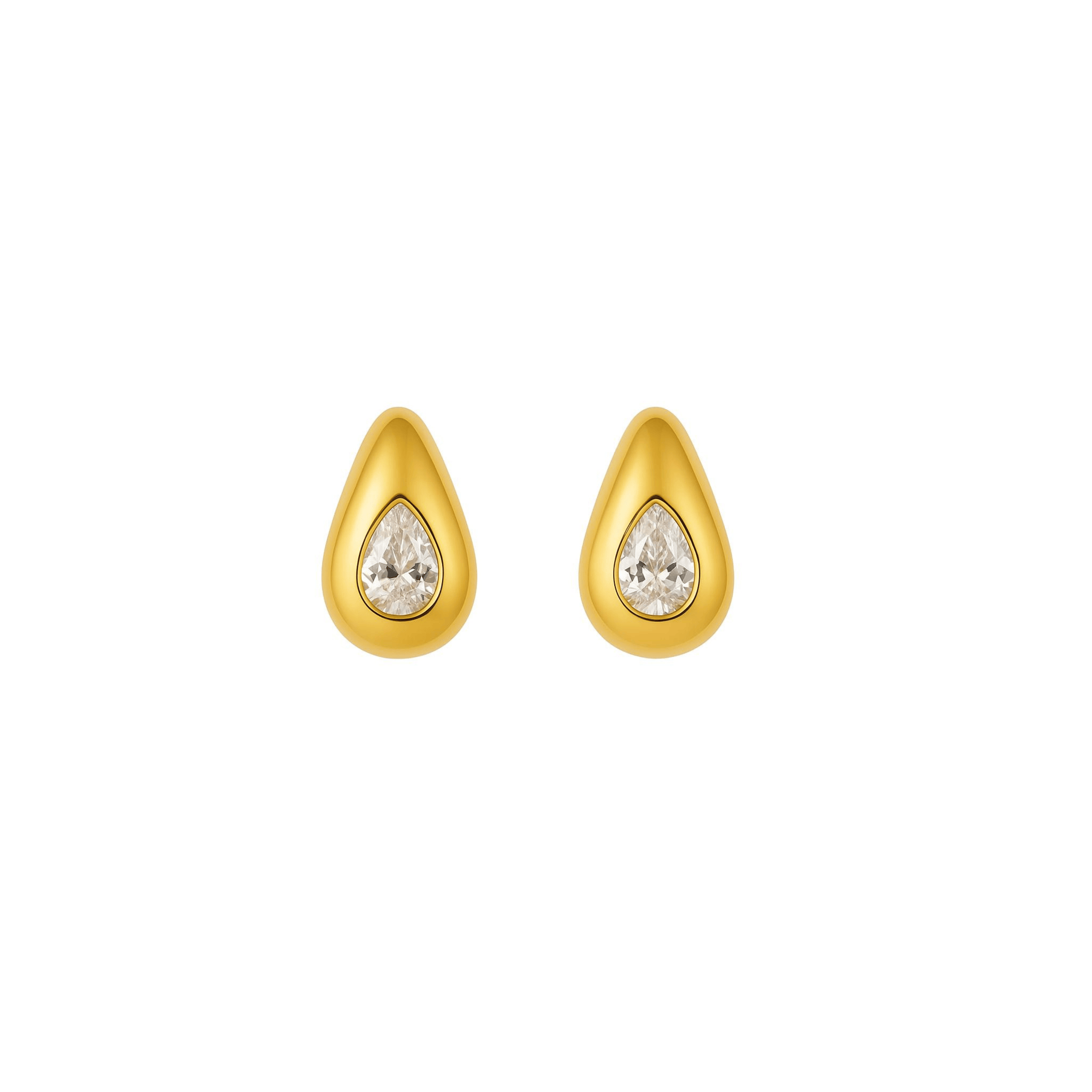 Gold teardrop earrings with clear gemstones on a white background.  By The Perfect Hoop.