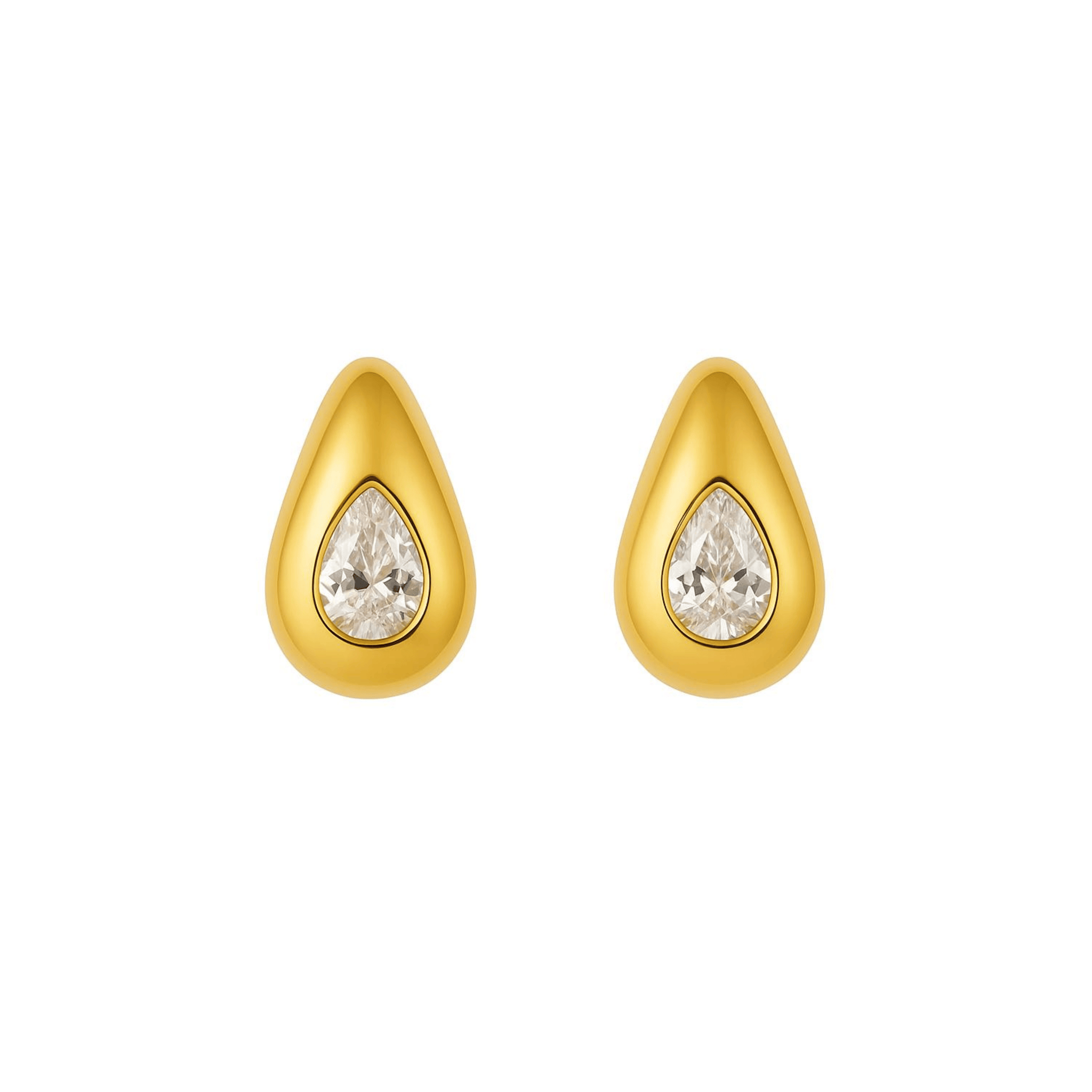 Gold teardrop earrings with clear gemstones on a white background.  By The Perfect Hoop.