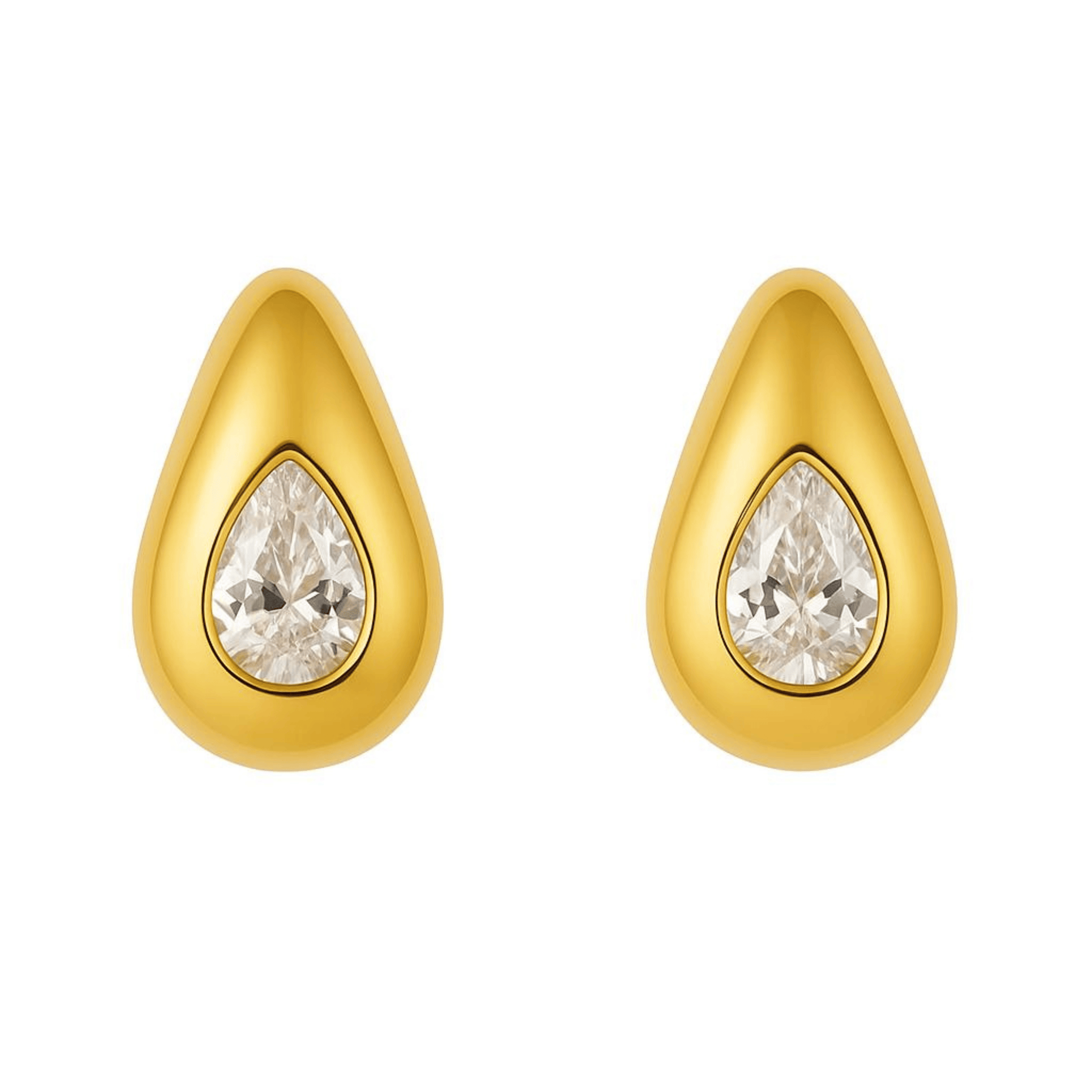 Gold teardrop earrings with clear gemstones on a white background.  By The Perfect Hoop.