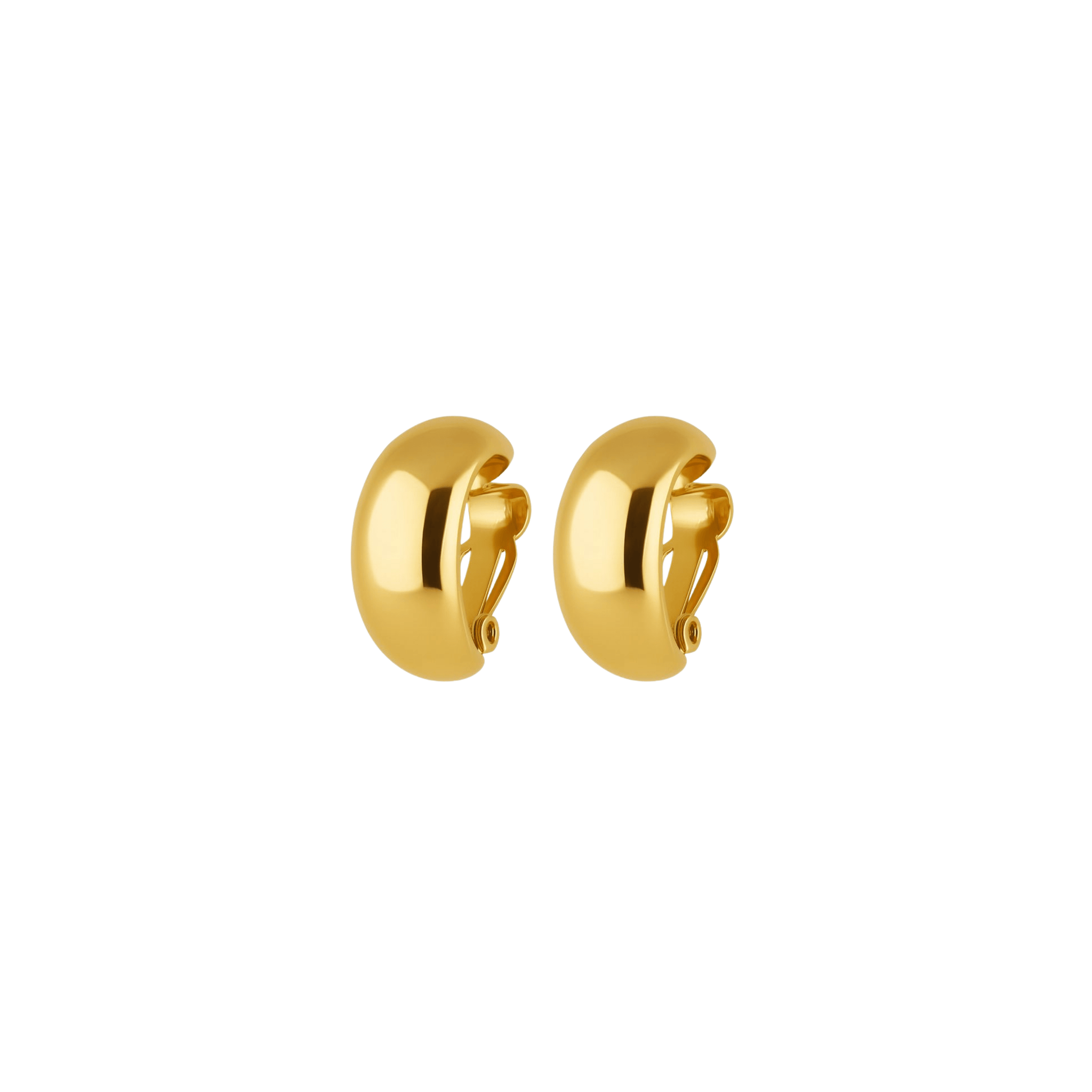 Pair of gold domed clip-on hoop earrings on a white background by The Perfect Hoop.