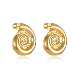 old spiral hoop earrings inspired by seashells, displayed on a white background. By The Perfect Hoop.