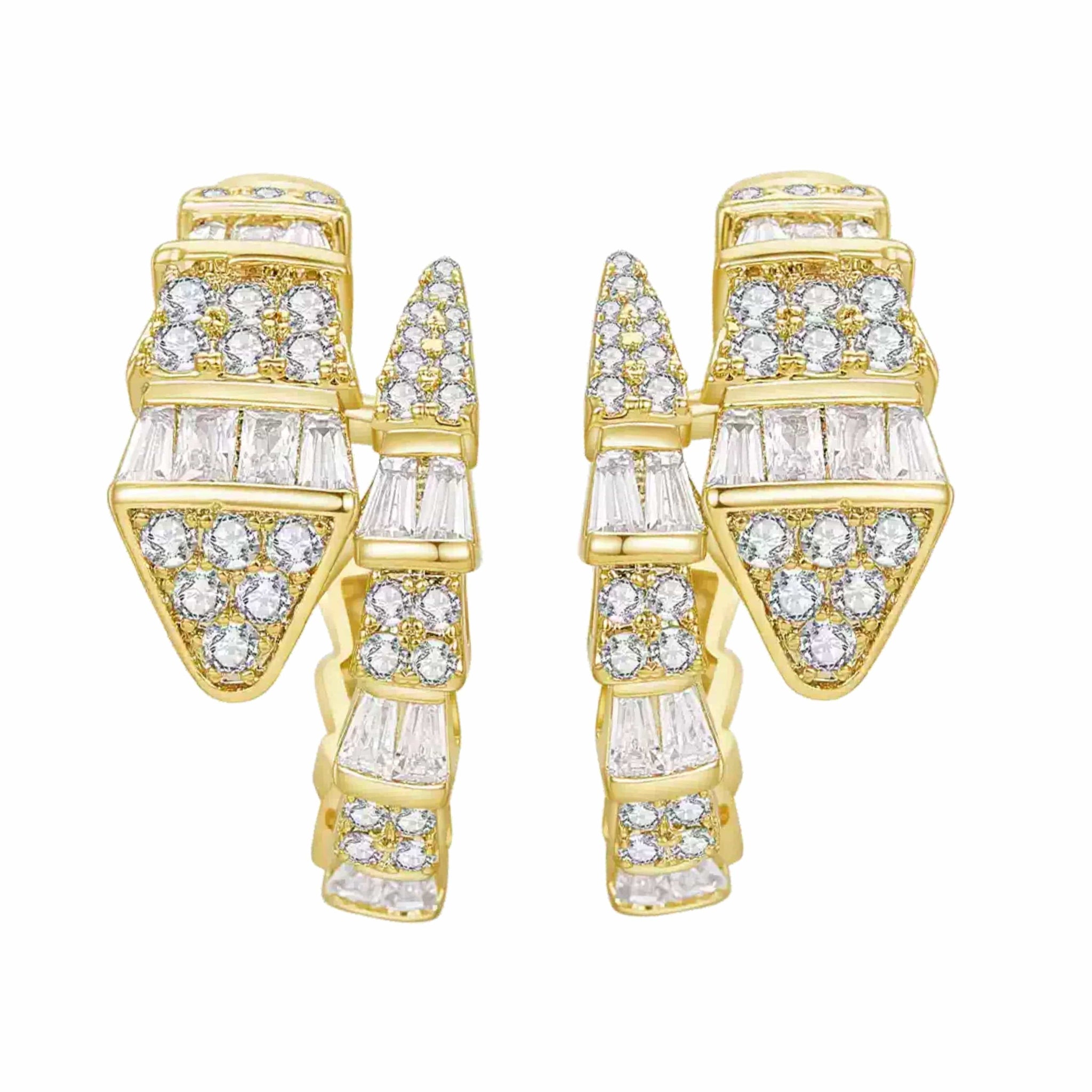 Gold serpent earrings with clear gemstones on a white background by The Perfect Hoop.