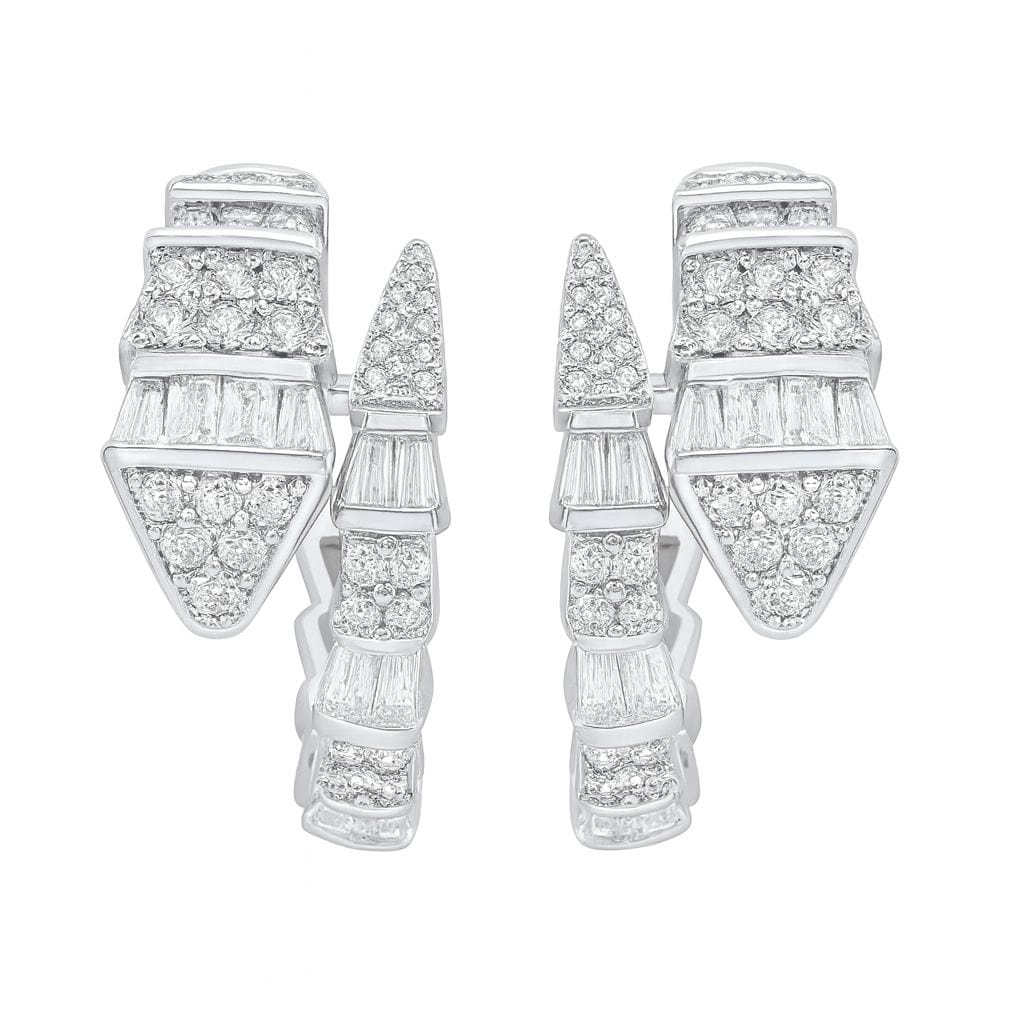 Pair of diamond serpent earrings on a white background by The Perfect Hoop.