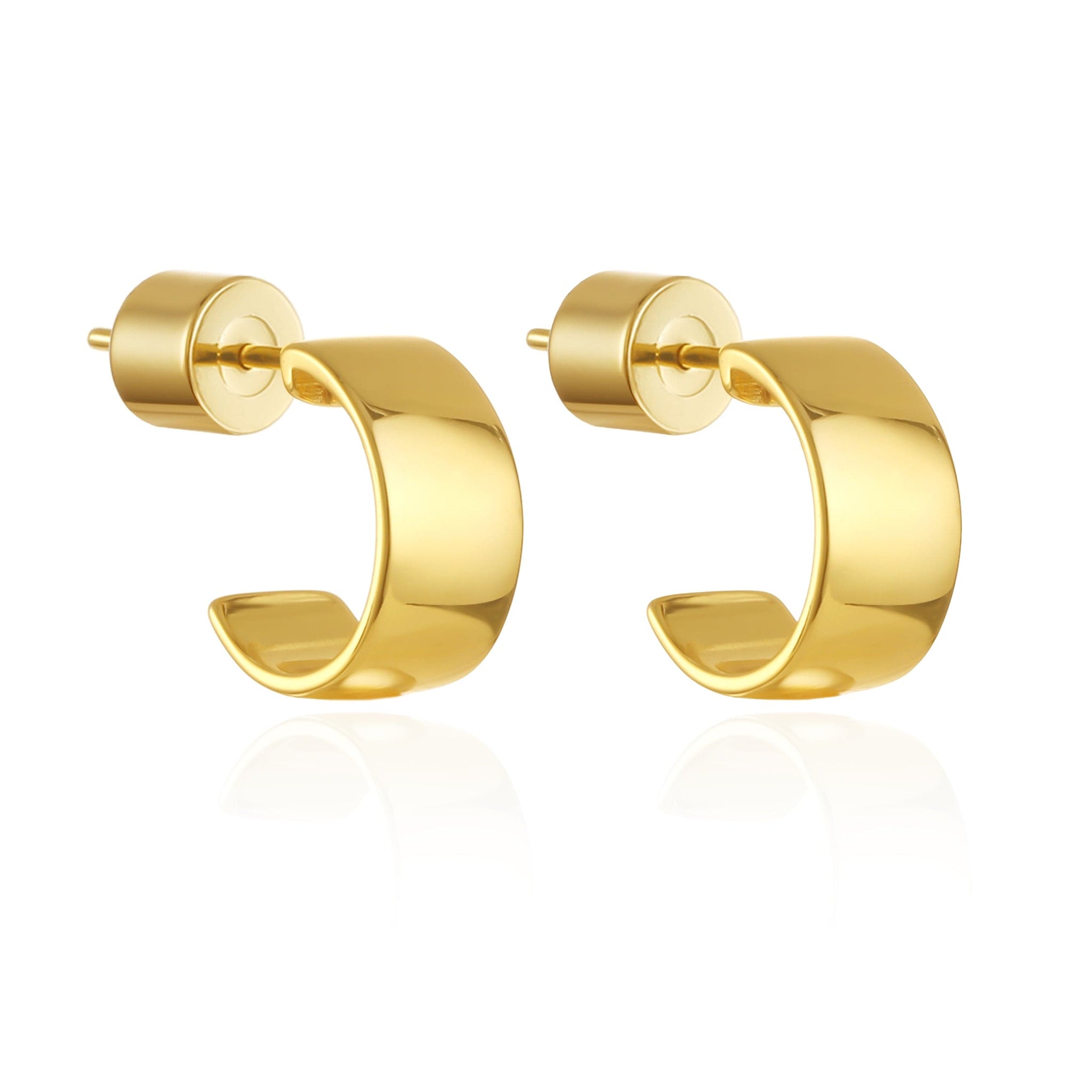 The Perfect Hoop Dreaux Hoop earrings in high-shine gold, bold open hoop silhouette with wide face and signature cylinder backings, displayed on a white background.