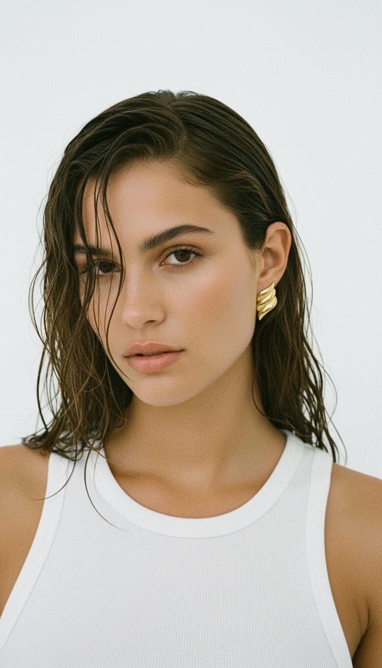 The Perfect Hoop Halo Earring worn by model with dark hair and white top, showing bold hammered disc in a centered earshot