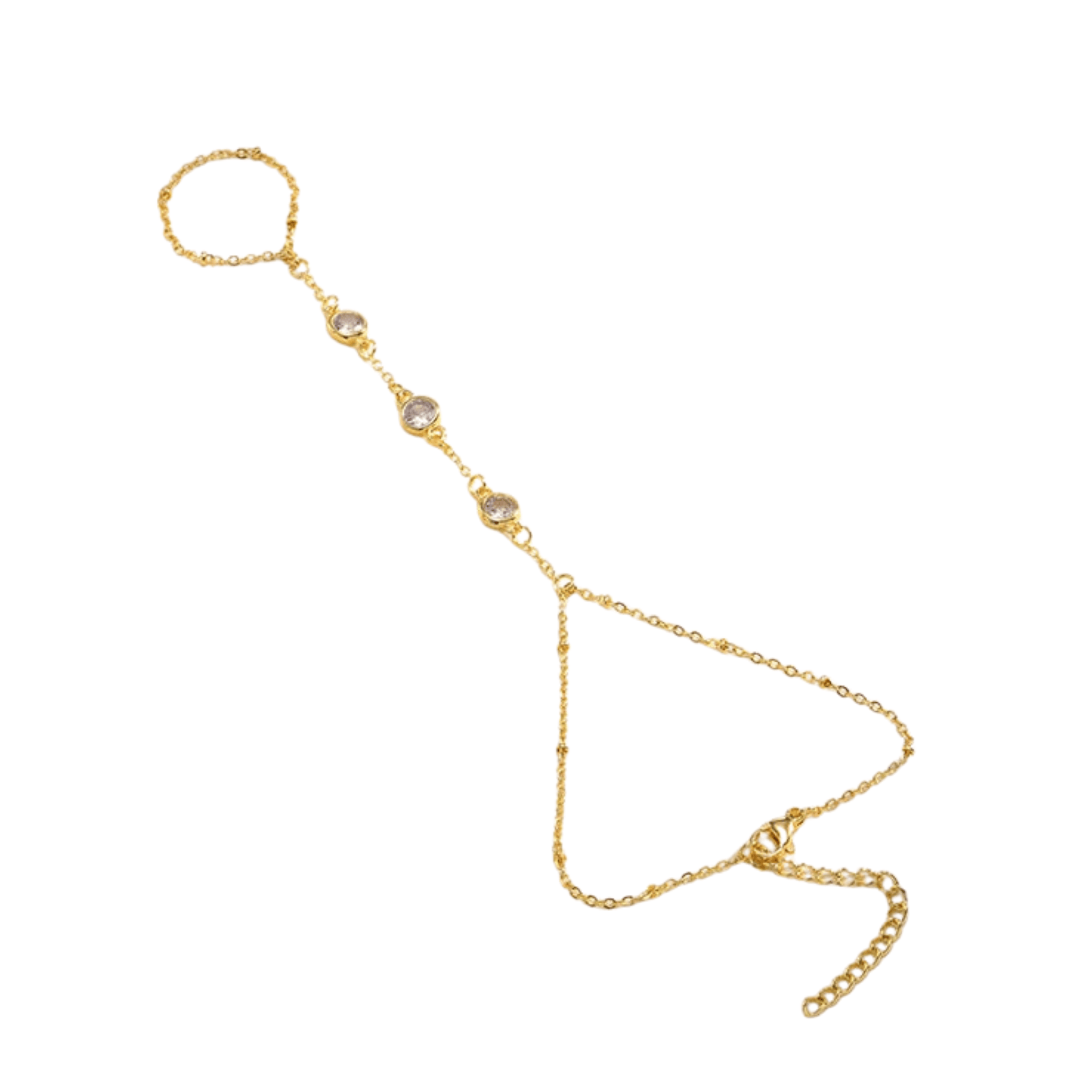 The Perfect Hoop Hand Chain with extender, minimal chain bracelet in gold finish shown in simple line drawing on white background