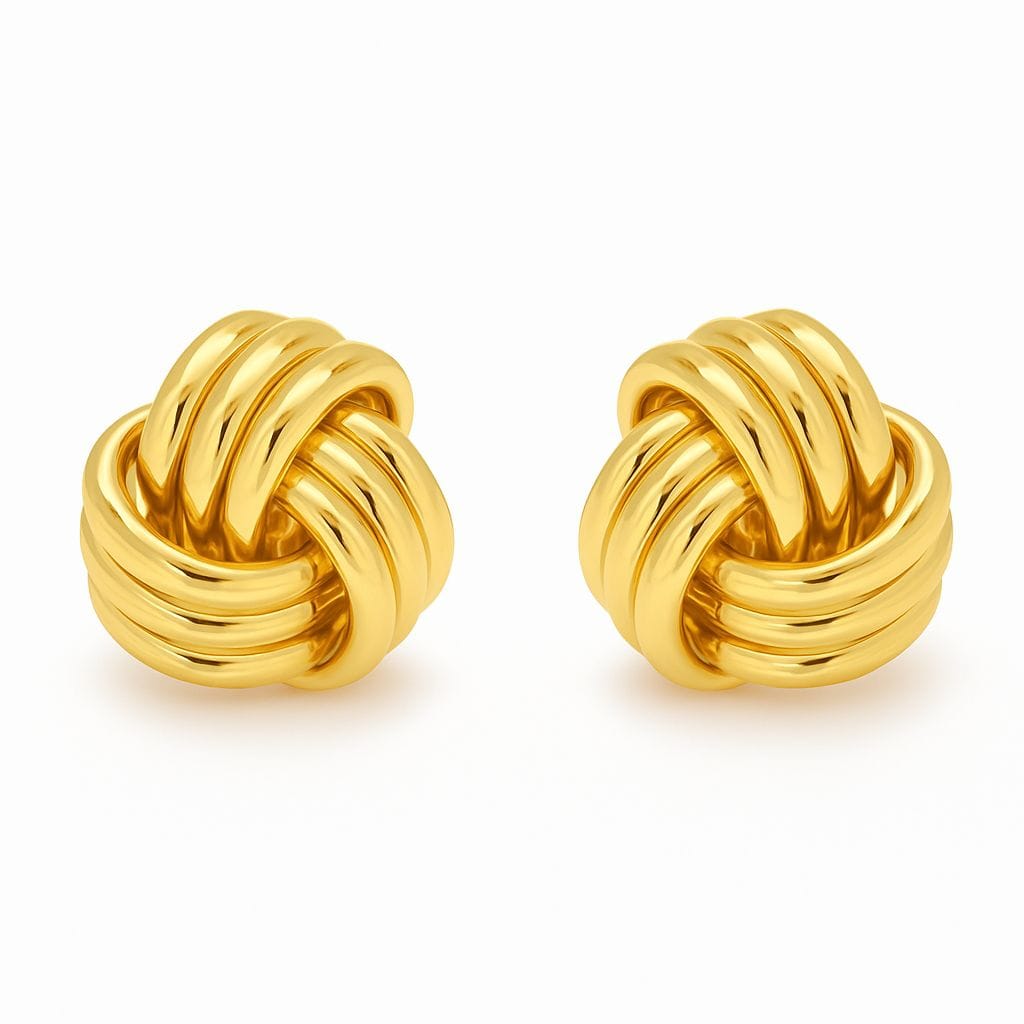 The Perfect Hoop Infinity Earrings, twin spiraled gold statement earrings, displayed on white background in mirrored format