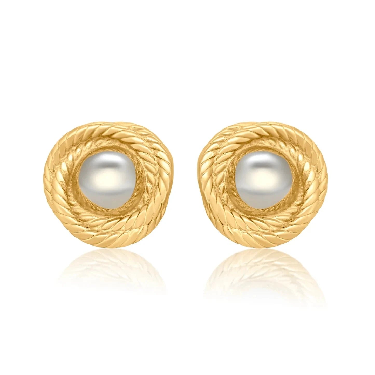 Gold knot earrings with stainless steel center on a white background by The Perfect Hoop.
