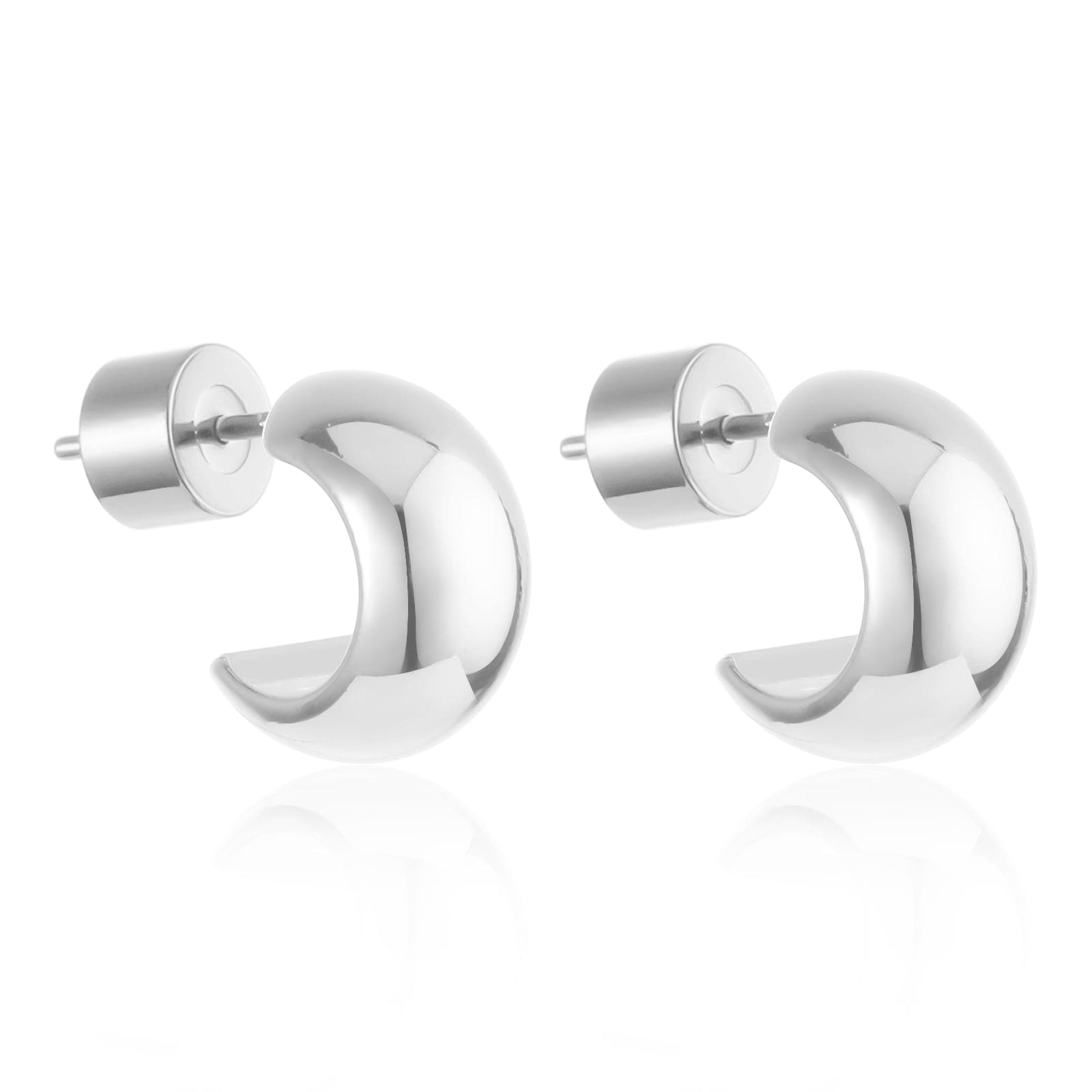 Two sterling silver Nice Hoop earrings are displayed against a white background, calling attention to the open hoop design, sleek outter curve, and cylindrical push-back closure.
