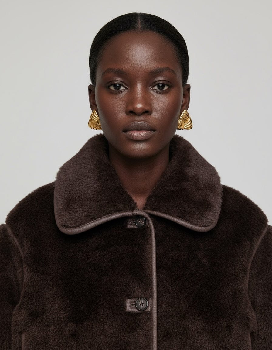 Model wearing a brown shearling coat  and triangle shaped basket weave earrings Aura Hoops by The Perfect Hoop, with a neutral background.