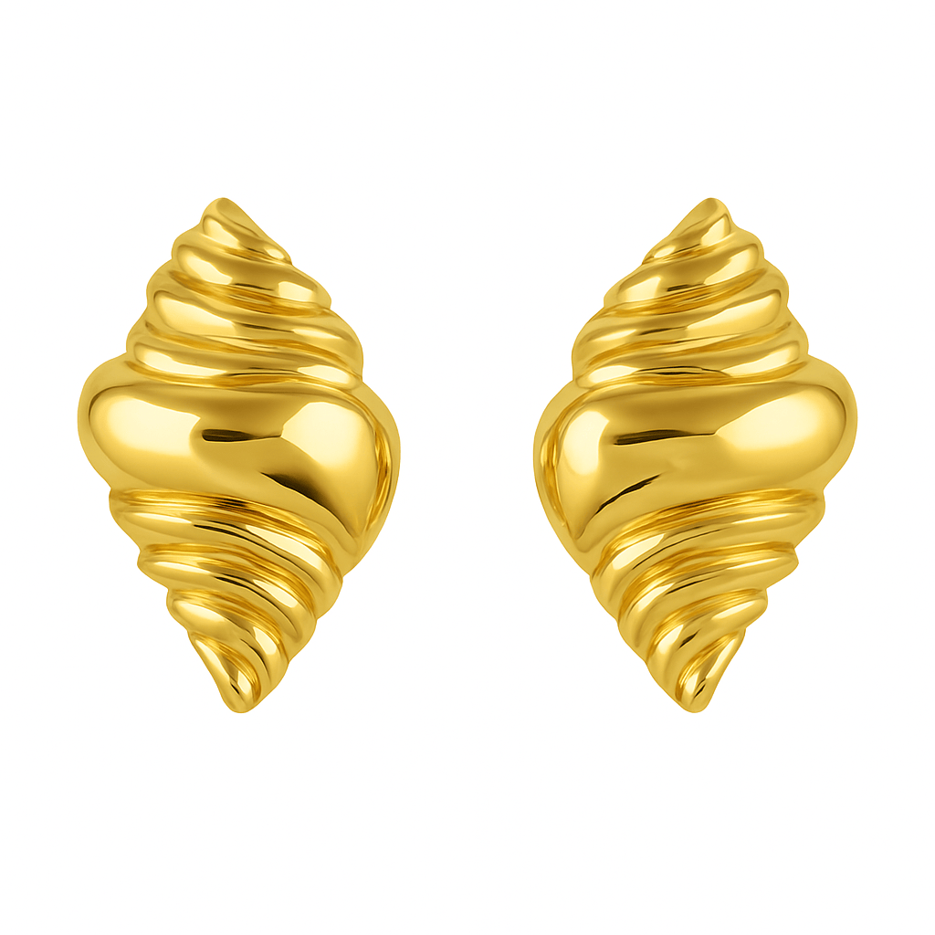 The Perfect Hoop Oceana Earring pair on white background; golden seashell-inspired design with dimensional texture and high-shine finish.