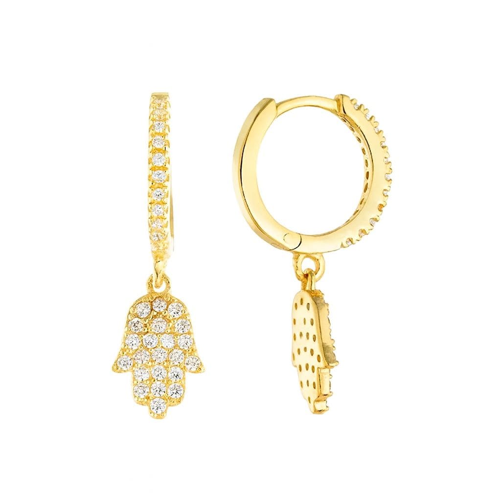 Gold hoop earrings with hamsa hand and pavé design on a white background by The Perfect Hoop.