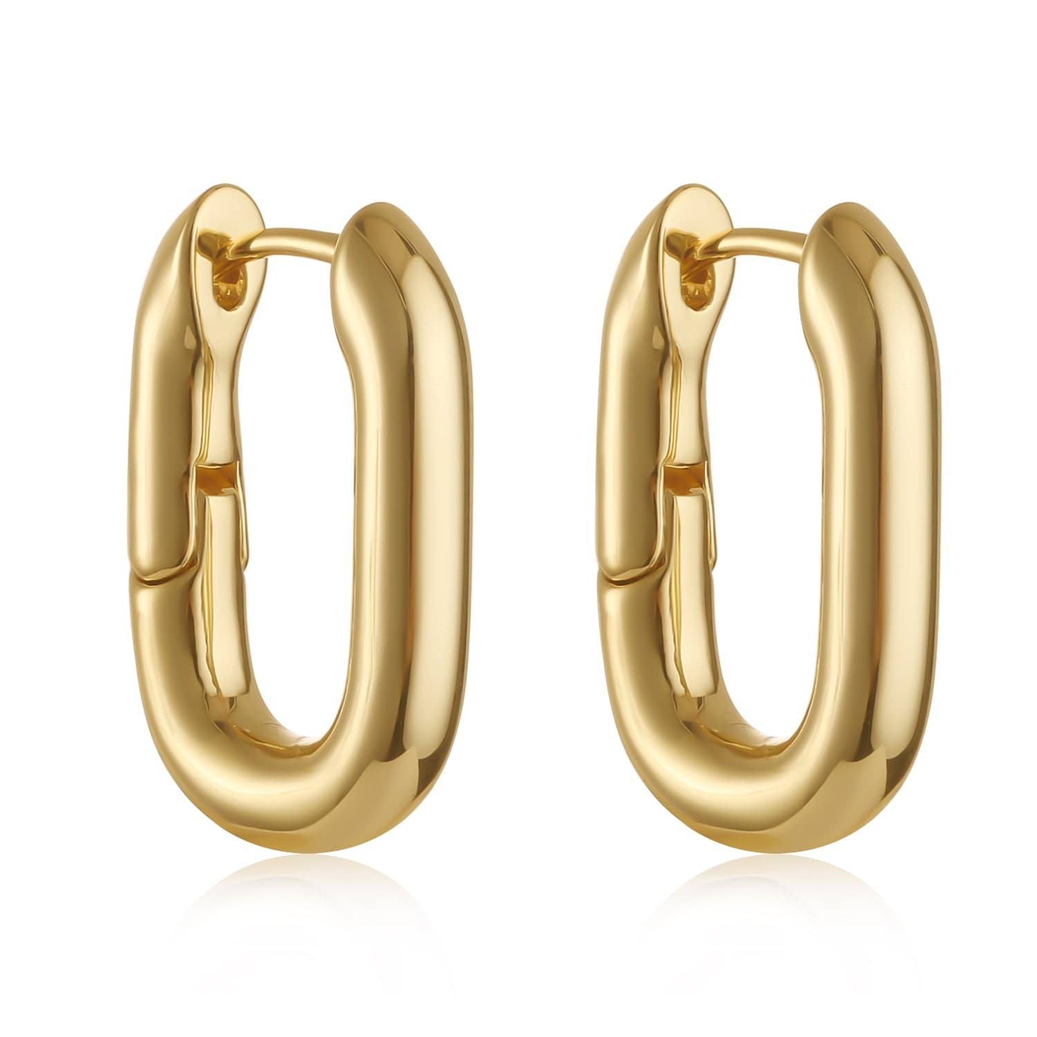 Studio shot of The Positano Hoop earrings with a pure white background, emphasizing their sleek gold tone and curved rectangular silhouette.  By The Perfect Hoop.