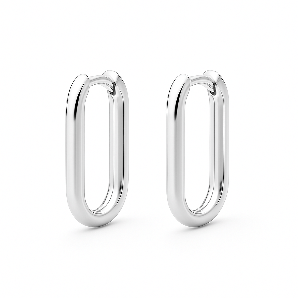 The Perfect Hoop Positano Huggie in white gold finish, classic elongated oval hoop earring style on white background.