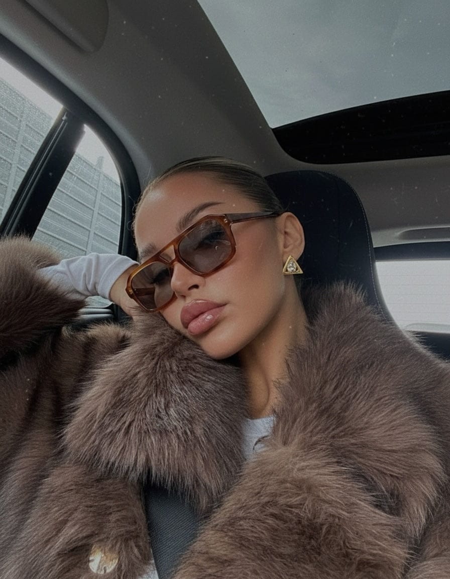 Model wearing a fur  coat and sunglasses lifestyle shot wearing The Perfect Hoop Prisma Earrings in gold, showcasing modern triangle silhouette.