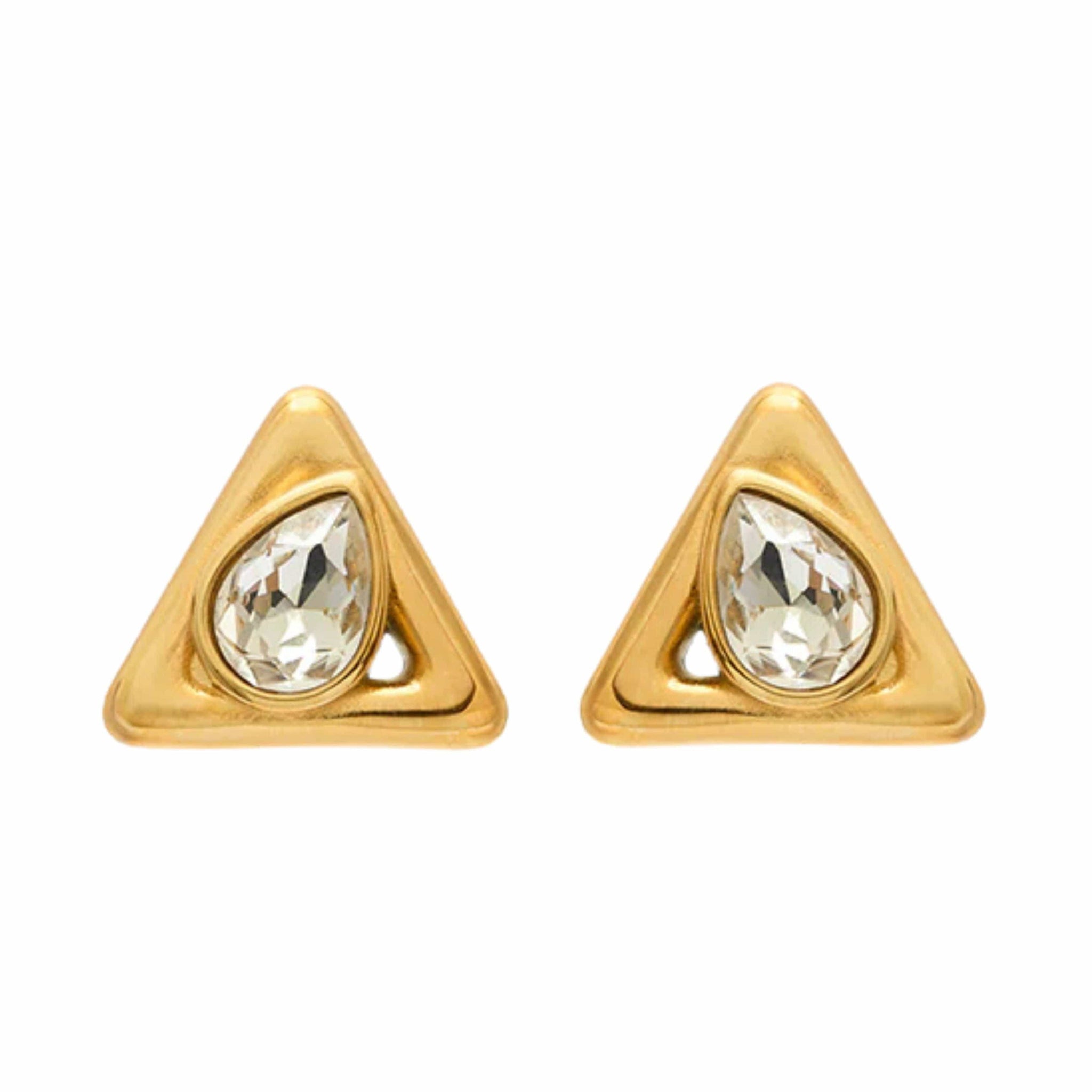 Gold triangle-shaped earrings with large, clear tilted tear-drop gemstones on a white background by The Perfect  Hoop.