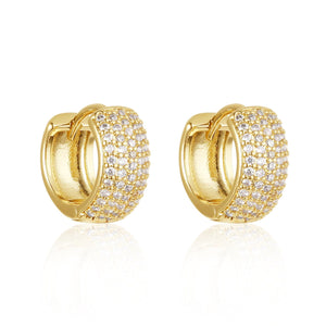 The Sicily Hoop pavé earrings in gold with a wide design and shimmering crystal detailing, presented on a clean white background. Gold pavé hoop earrings by The Perfect Hoop