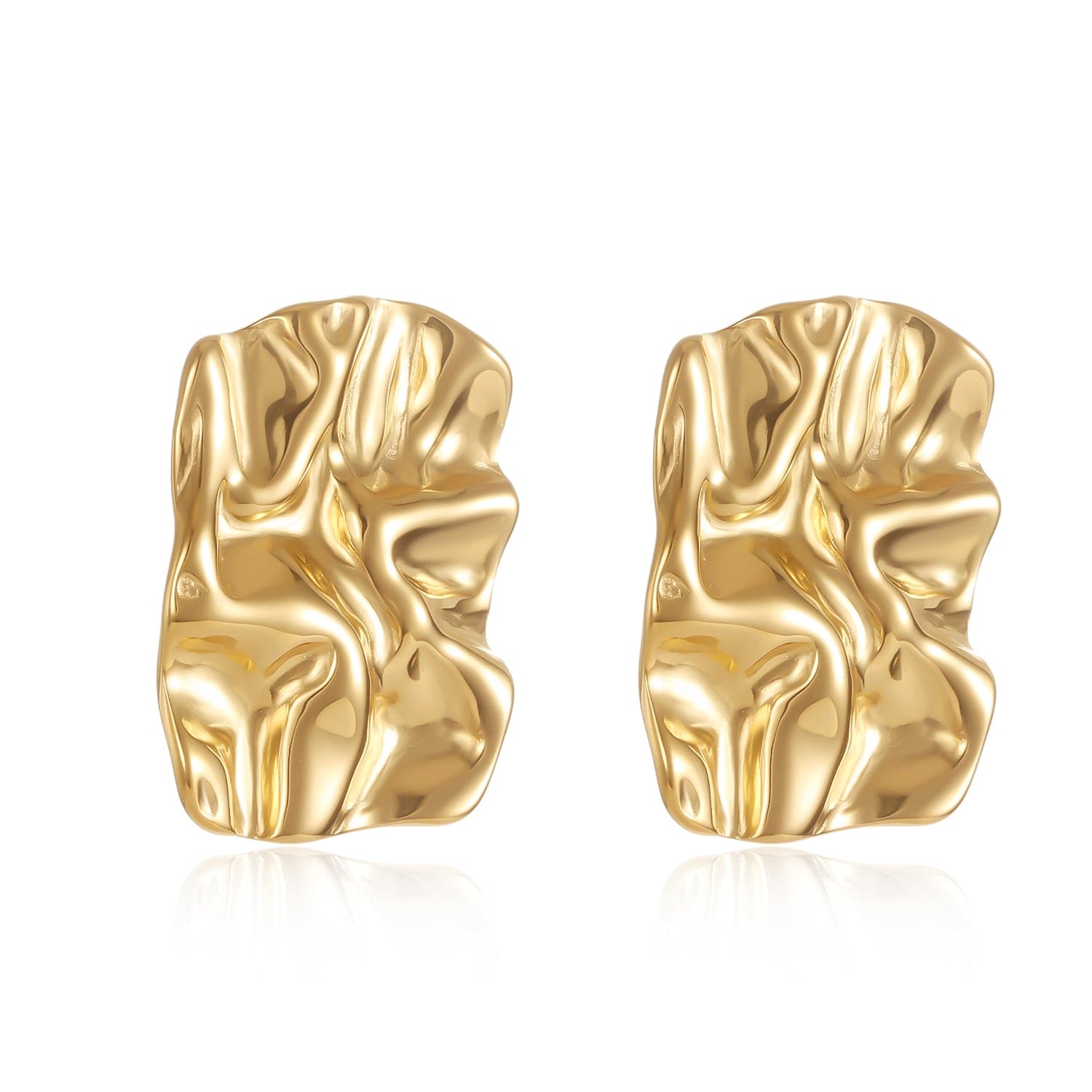 The Soleil Earring – gold crinkled sculptural earrings with a high-shine finish on white background
