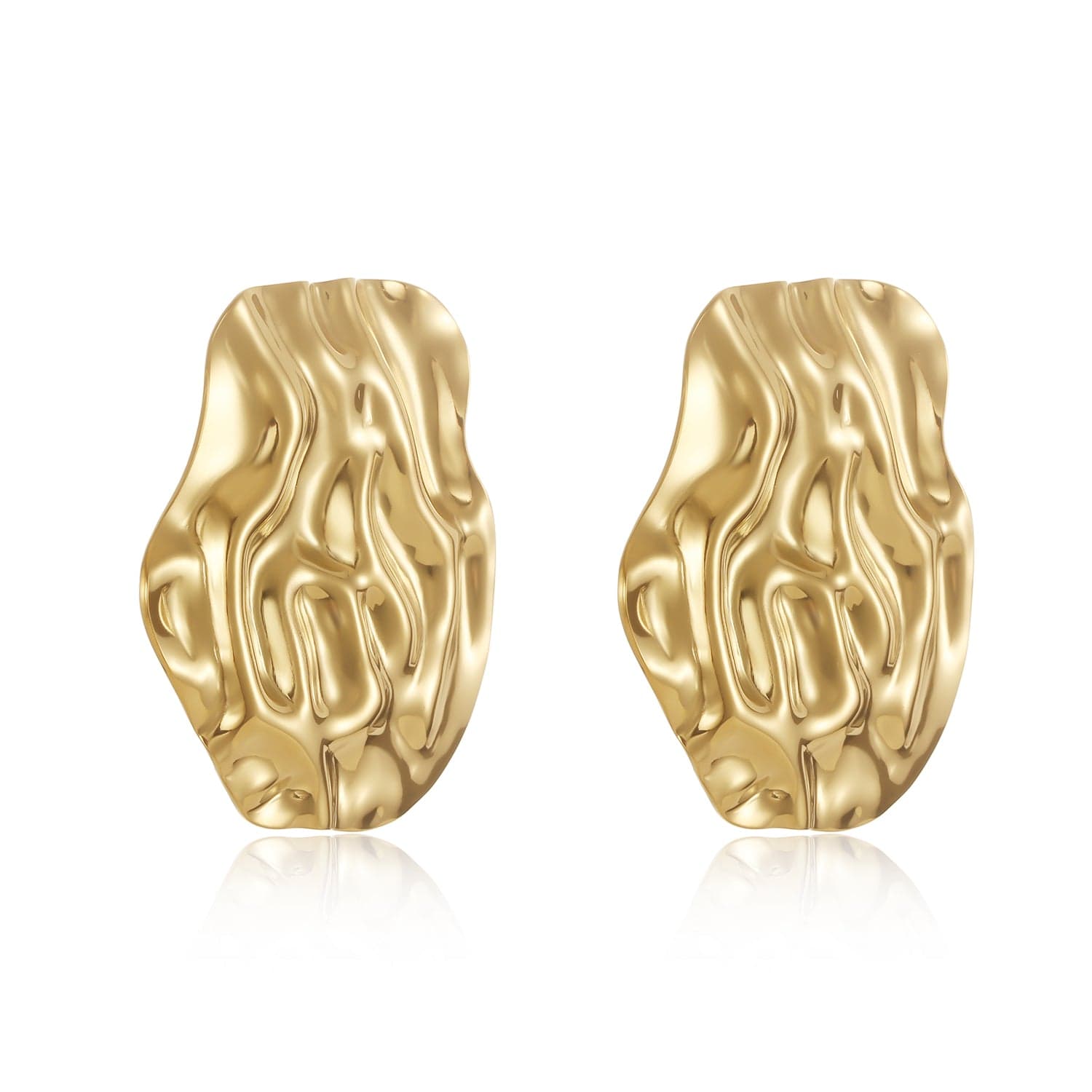The Spritz Earring – gold sculptural stud earrings with flowing organic texture against a white background.
