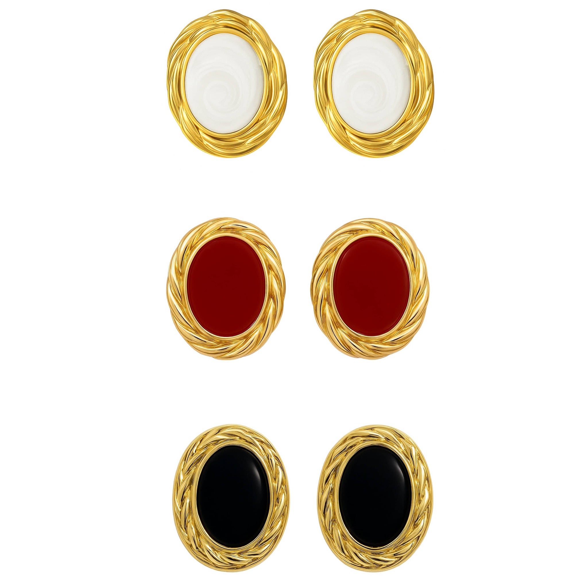 The Perfect Hoop Cielo Earrings in gold with glossy red, black, and white oval resin centres, surrounded by twisted gold detailing.
