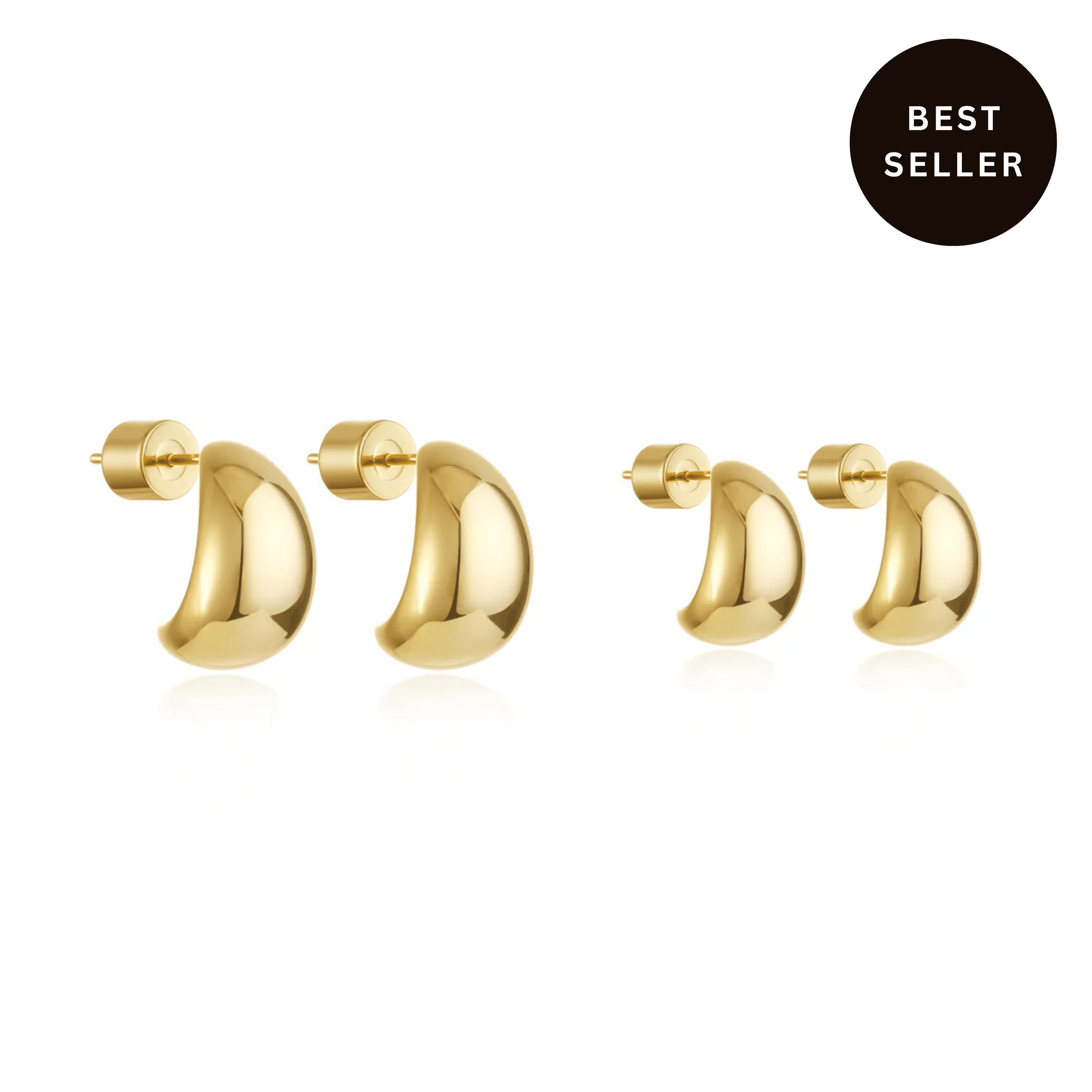 The Amadora Hoop Duo in gold, featuring two sizes of the signature curved hoop, labeled best seller, white background.