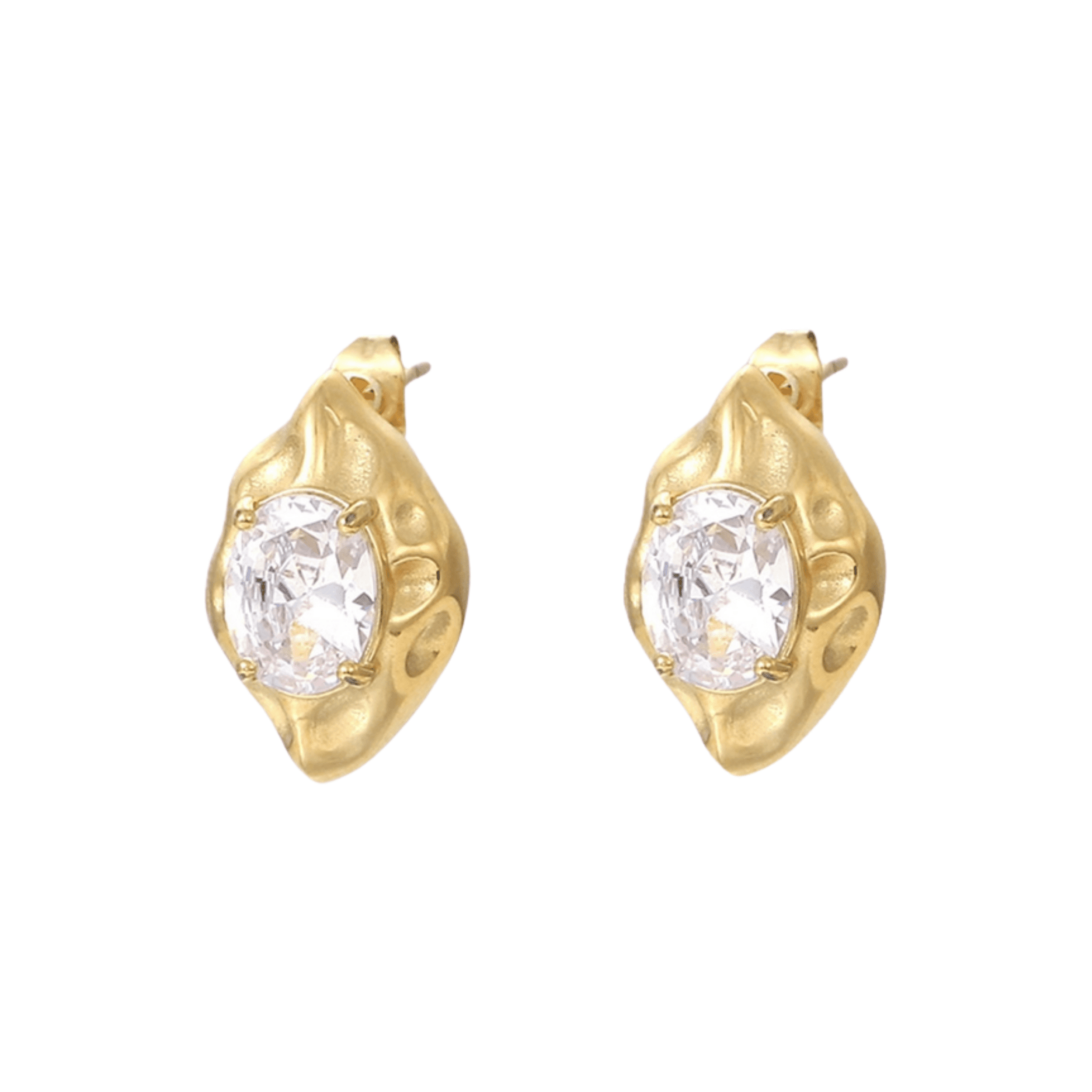 The Perfect Hoop Aura Stud Earrings with a molten gold finish and clear oval-cut crystal centre, displayed on white background.