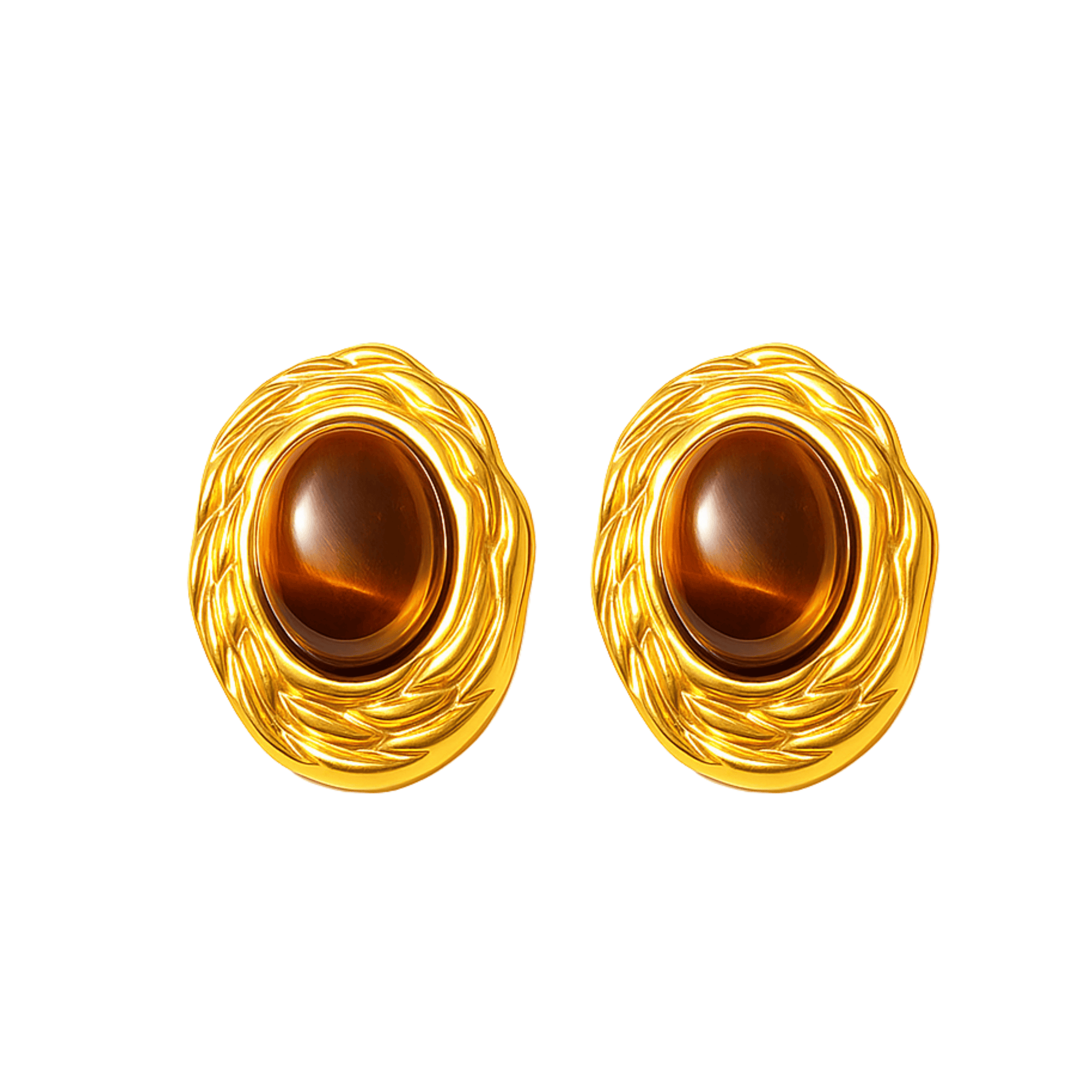 The Perfect Hoop Hazel Earring featuring a glossy hazel-toned cabochon stone set in a bold twisted gold bezel, vintage-inspired stud earring design on white background.