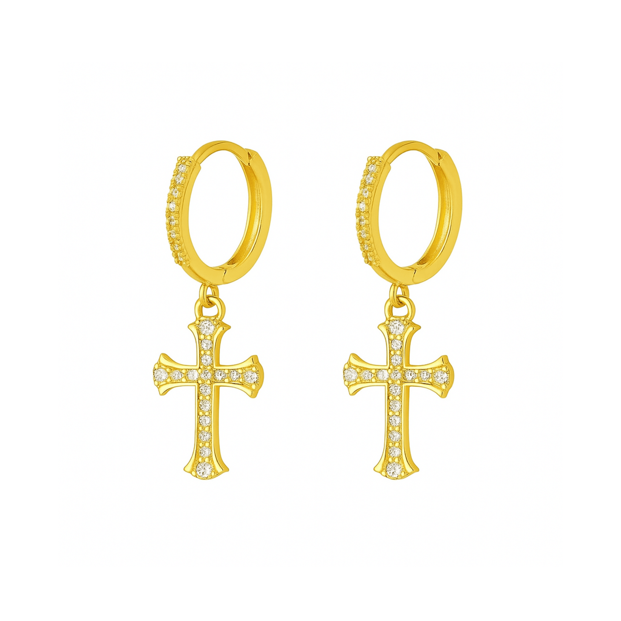 he Perfect Hoop Saint Drop Hoop in 18K gold, small huggie with crystal pavé and delicate gold cross charm, photographed on white background.