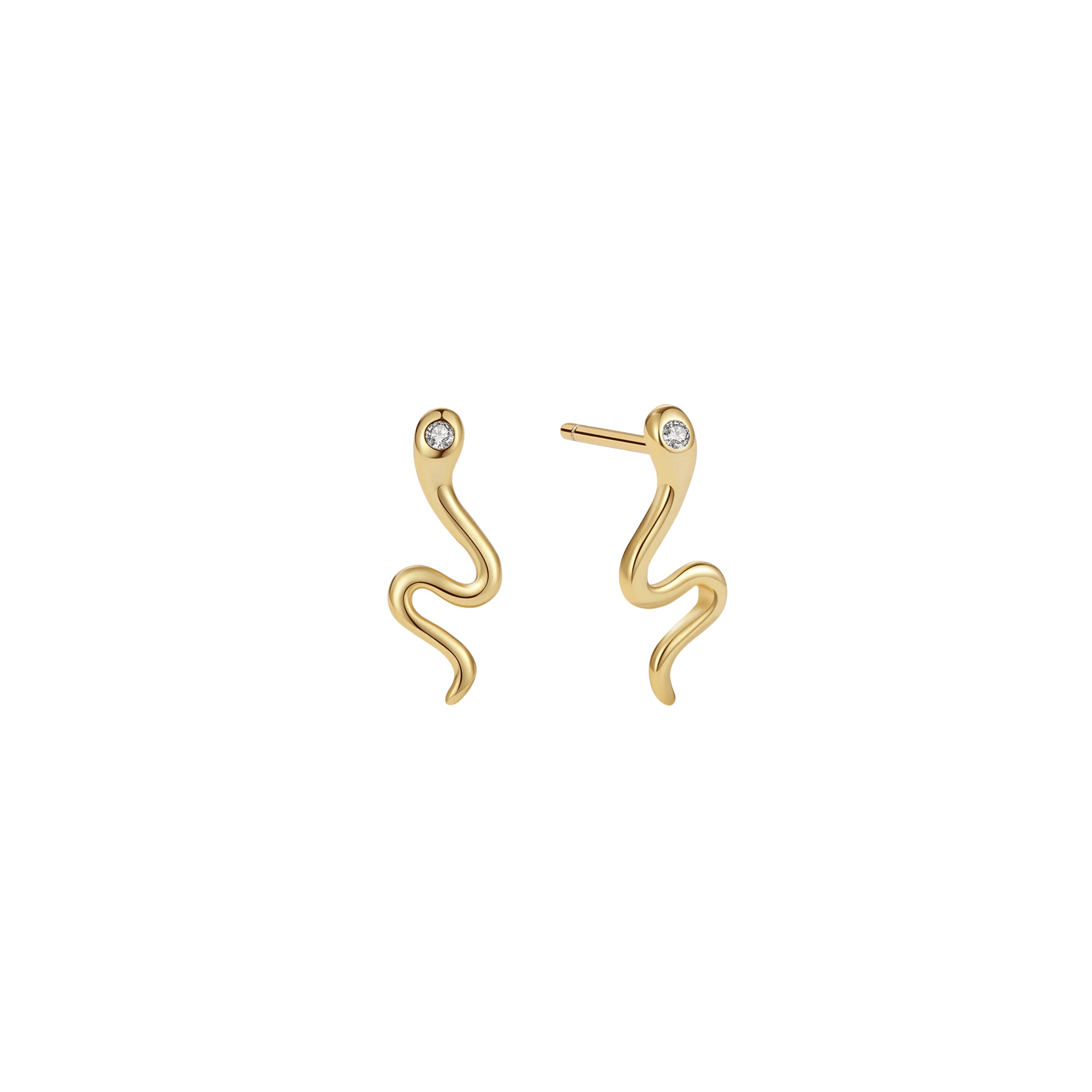 Dainty gold snake-shaped studs with a crystal head on a white background by The Perfect Hoop