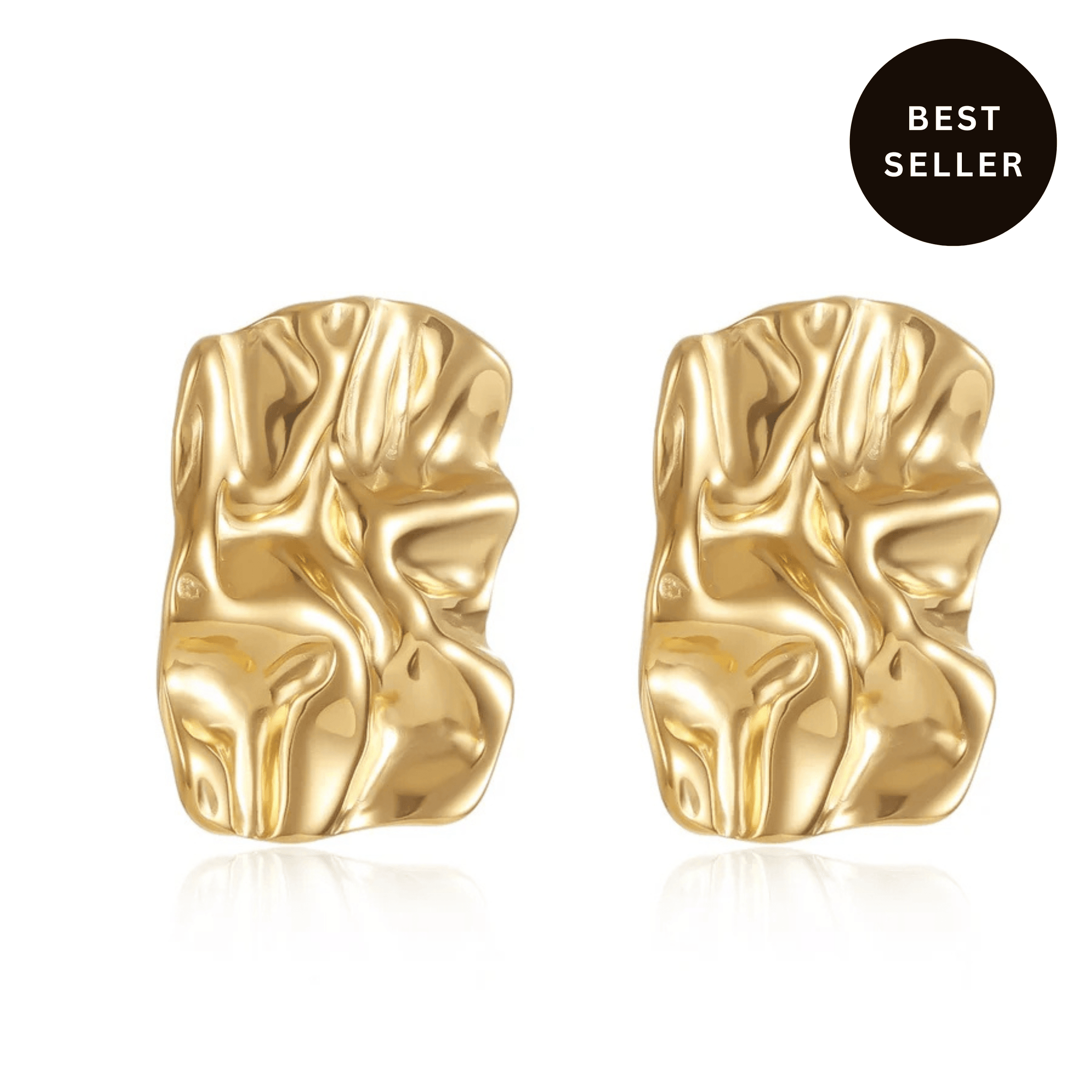 The Perfect Hoop Soleil earrings in sculptural crinkled gold, bold statement studs with high-shine finish on white background.