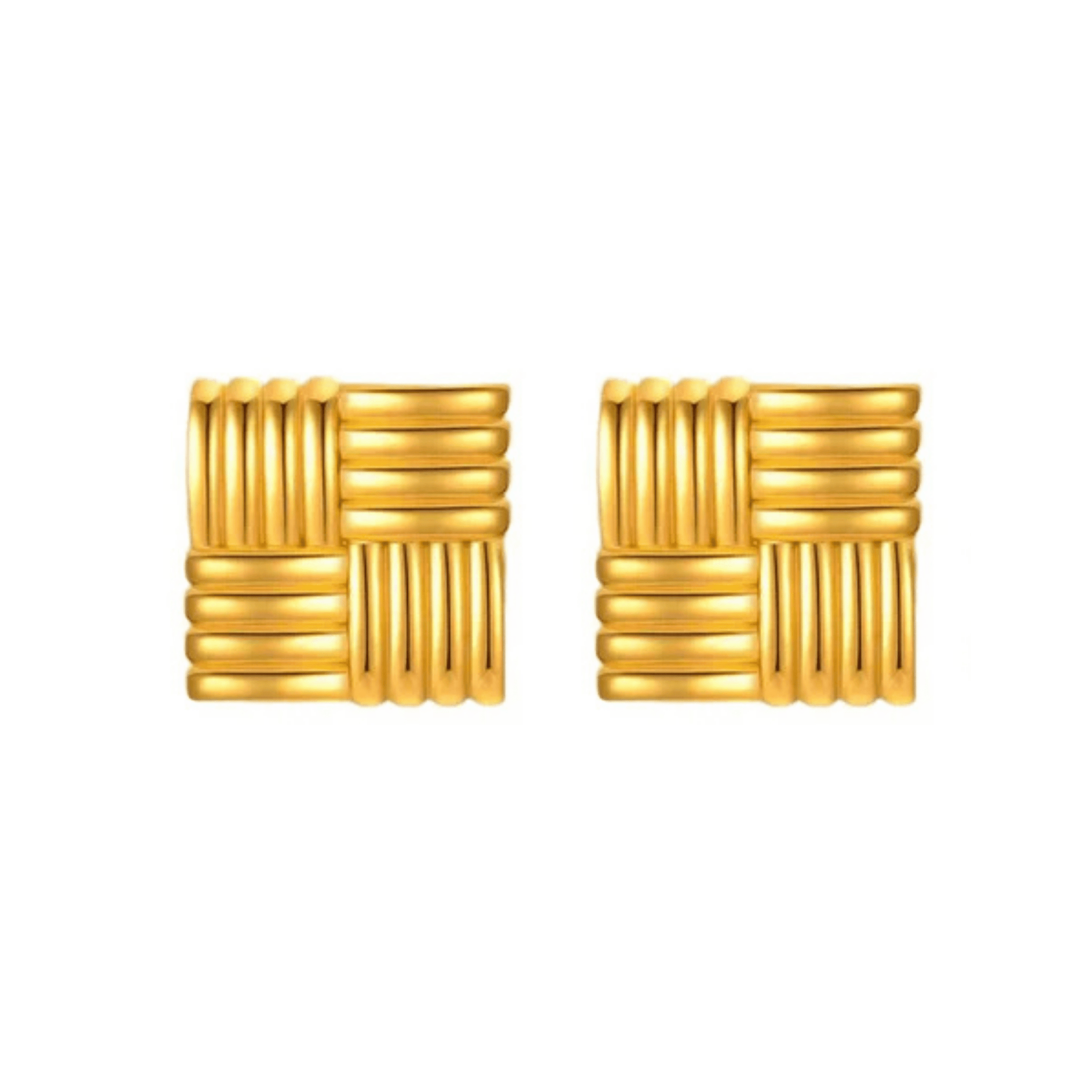 Pair of gold squared, basket weave  Aura Hoop earrings by The Perfect Hoop on a white background.