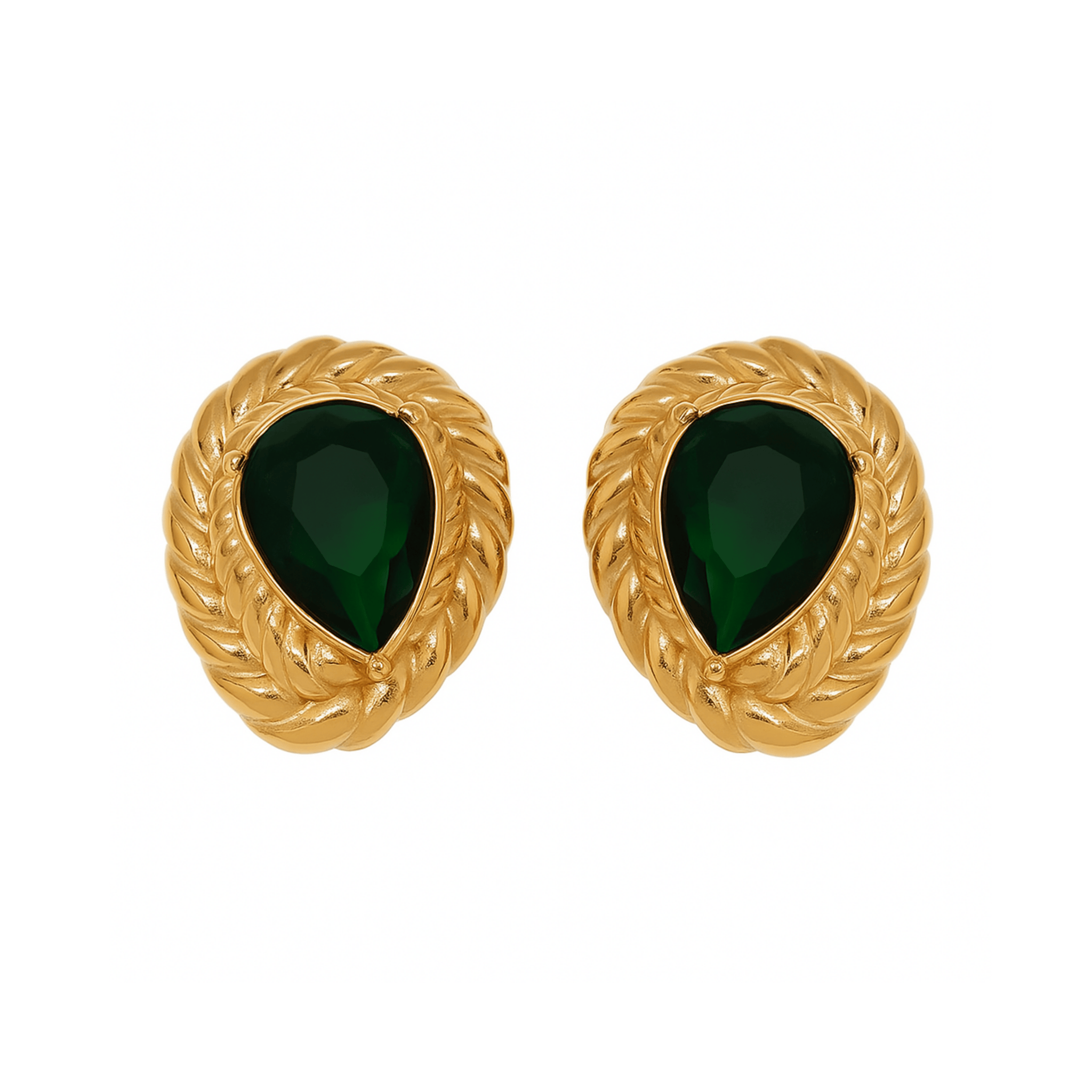 The Perfect Hoop Baroque Earrings in gold with a teardrop-shaped deep green crystal surrounded by twisted detailing, set on white background.