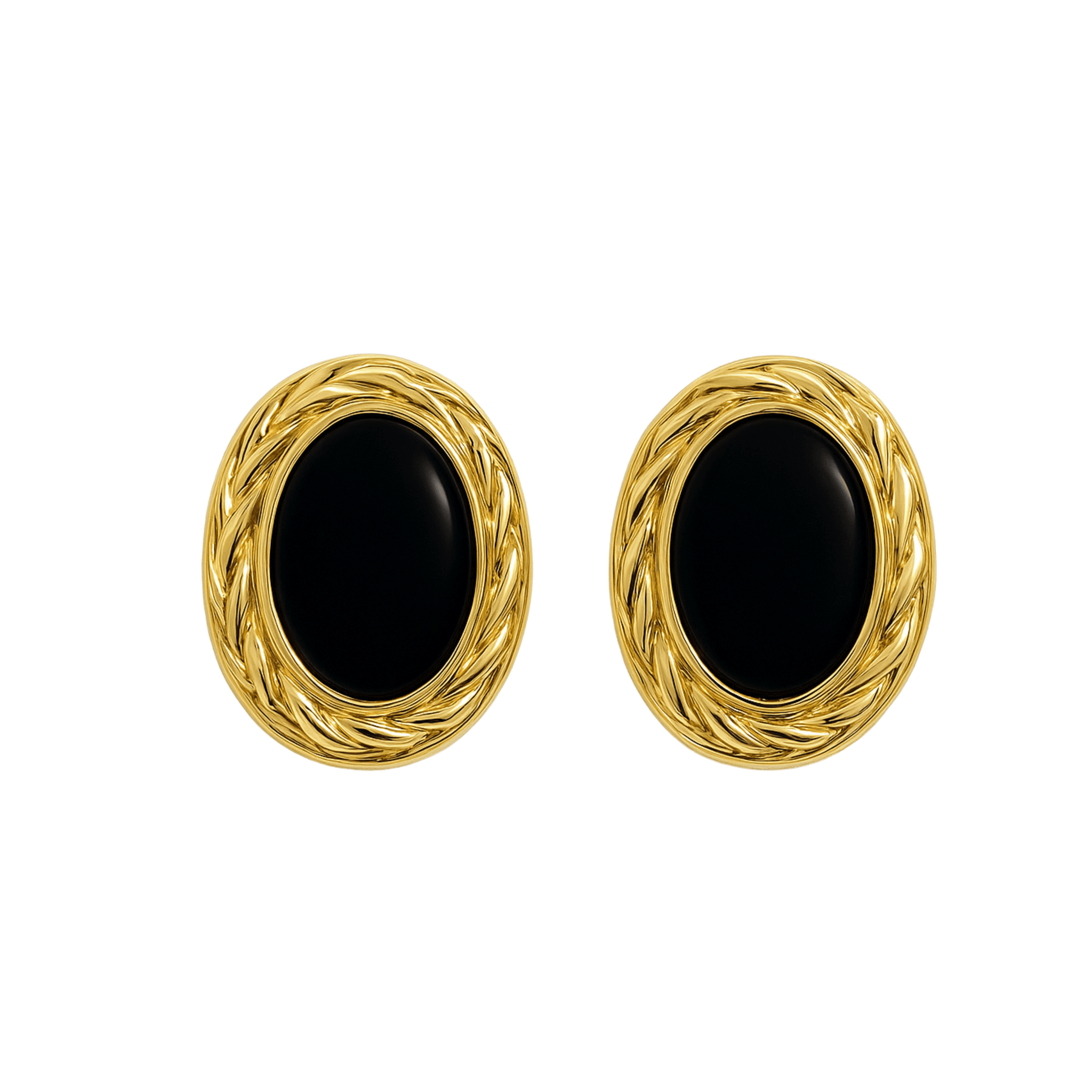 The Perfect Hoop Cielo Earring in high-gloss black resin, framed by a twisted gold-plated oval border, shown on white background.