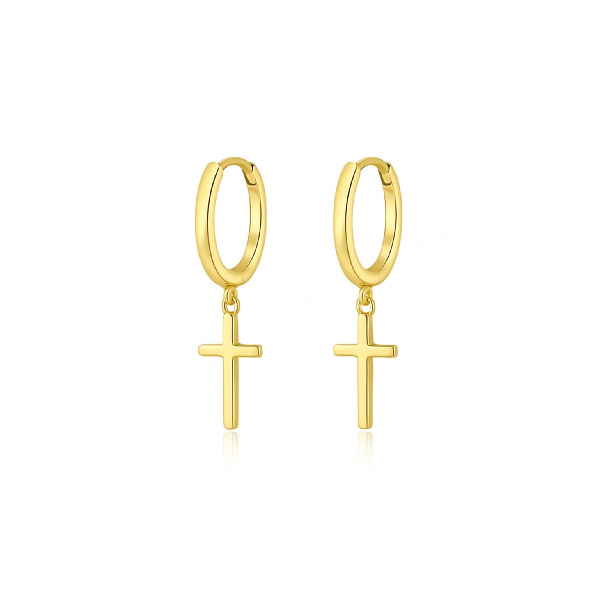 The Perfect Hoop Cross Drop Hoop earrings in gold, elongated vertical style with dangling cross charms, product pair on white background