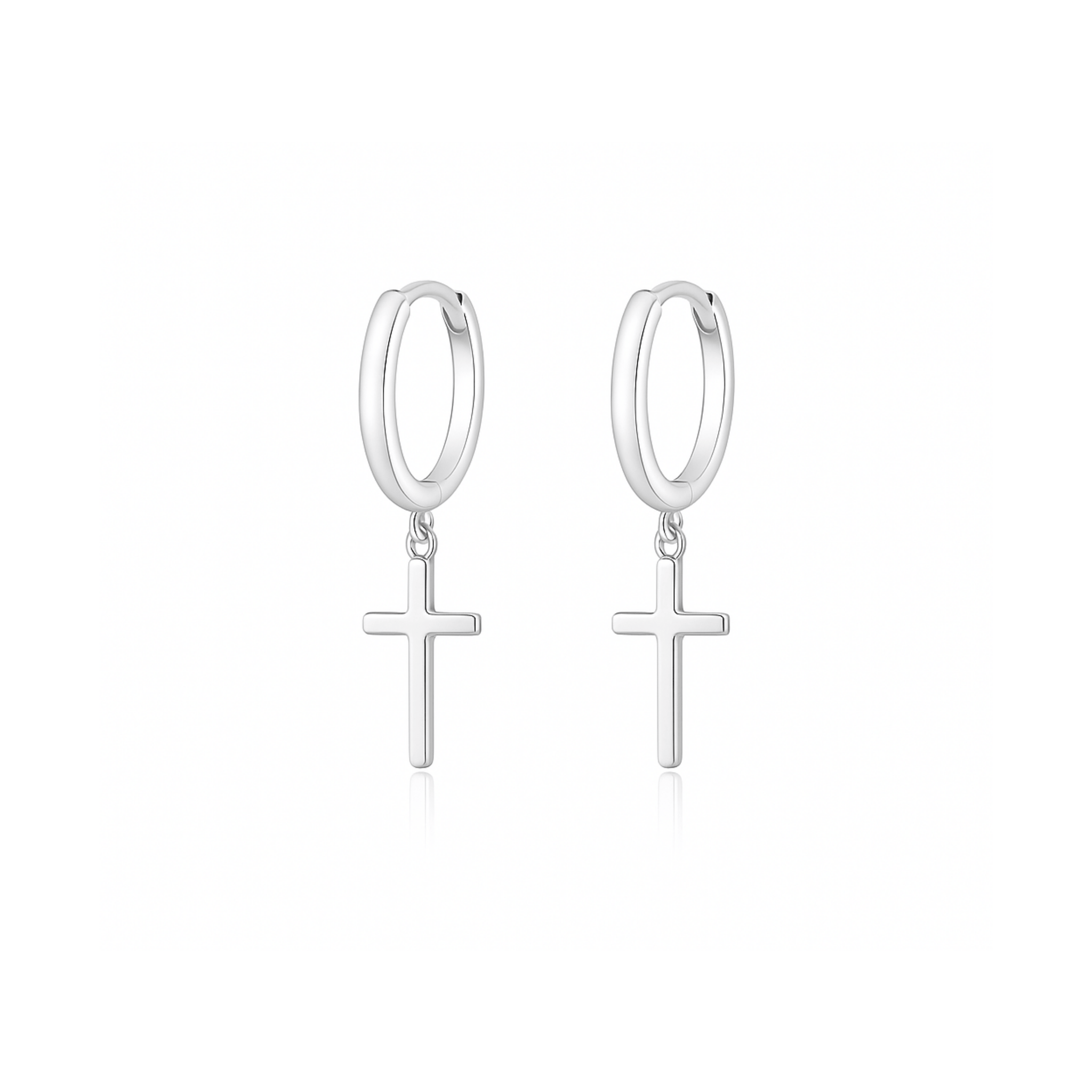 he Perfect Hoop Cross Drop Hoop earrings in silver, shown as a flat lay with symmetrical dangling cross design on white background