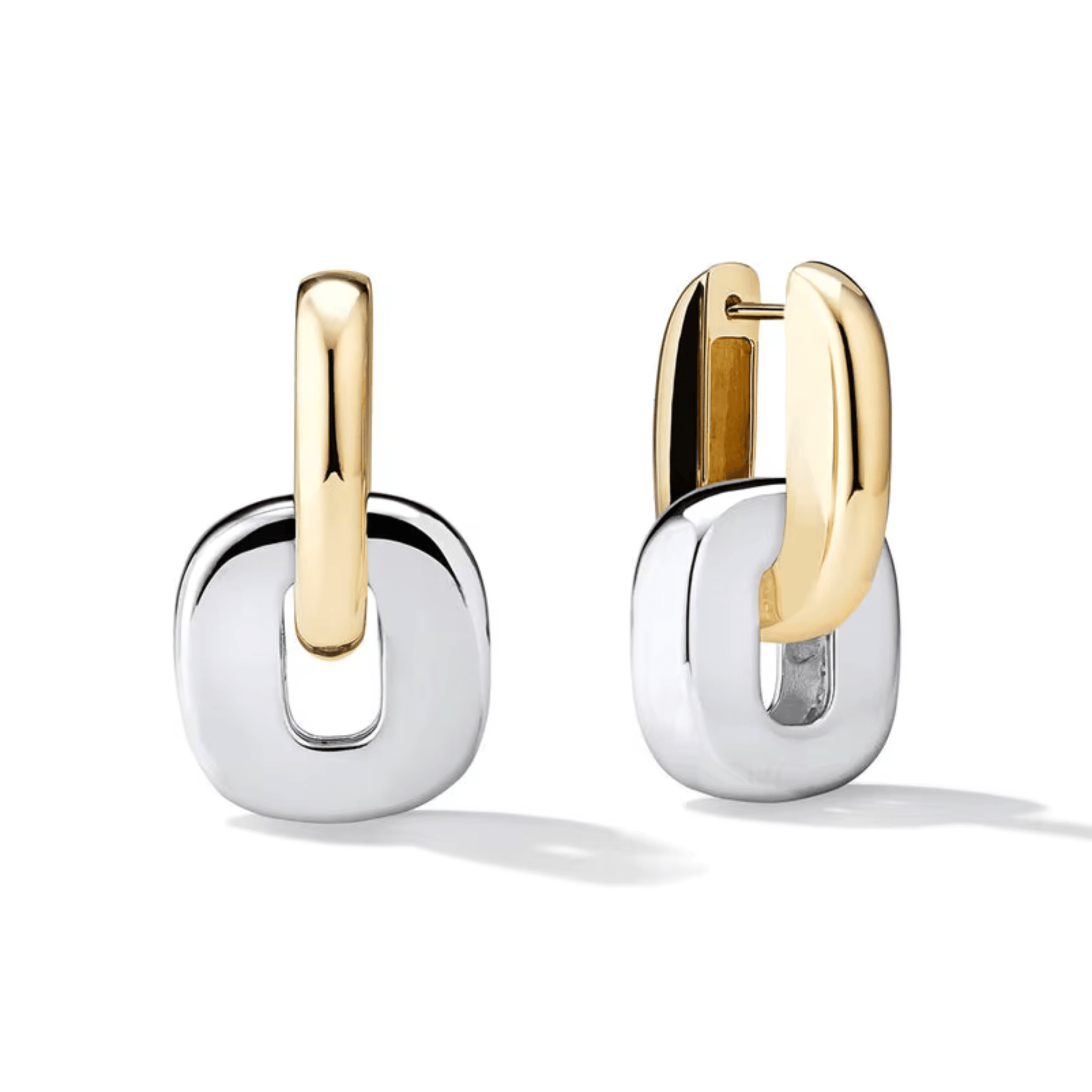 The Perfect Hoop Locket Drop Hoops in two-tone gold and silver variation featuring a sculpted modern lock shape, on white background.