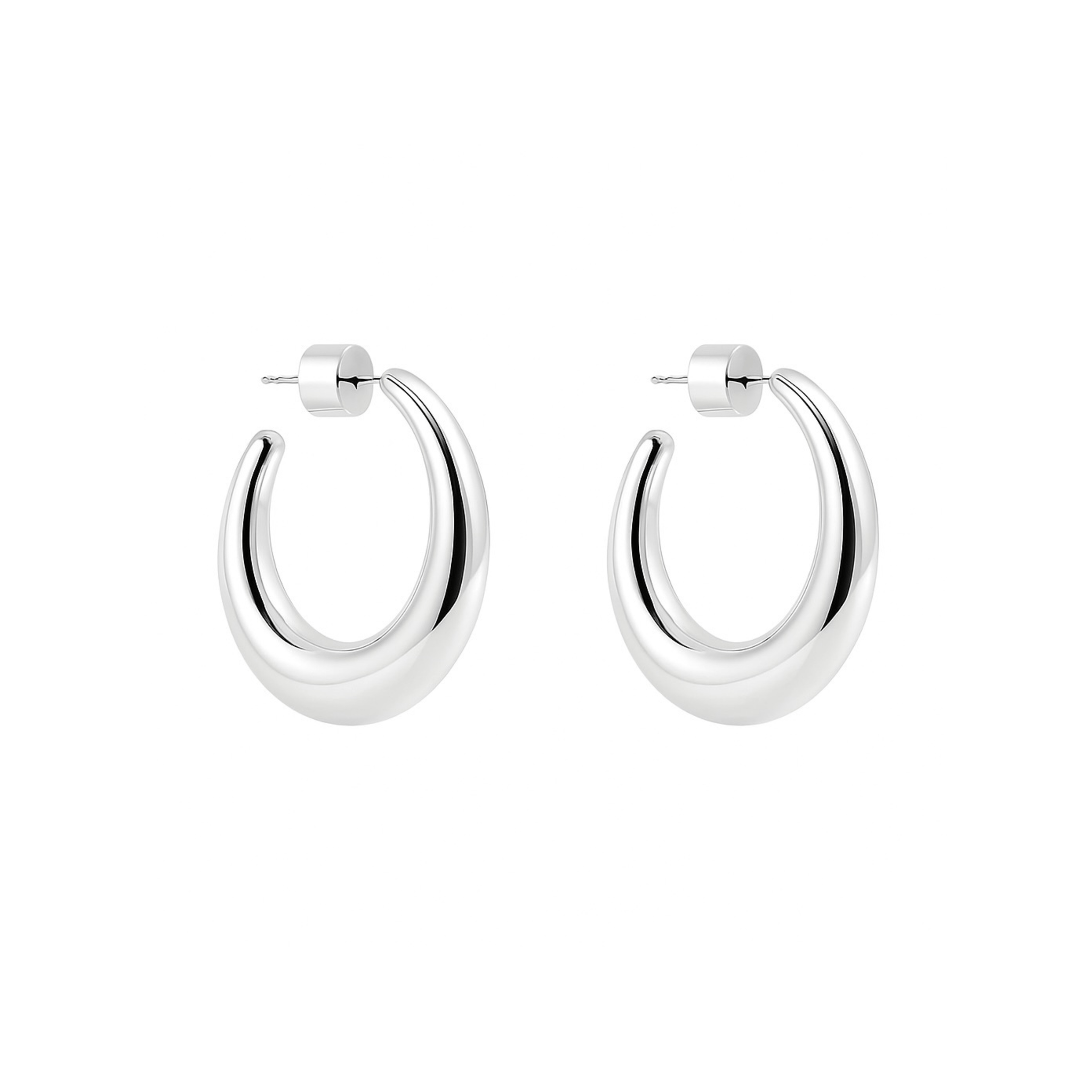 The Perfect Hoop Mezzaluna Hoop Midi in silver with a sleek crescent silhouette, displayed on white background.