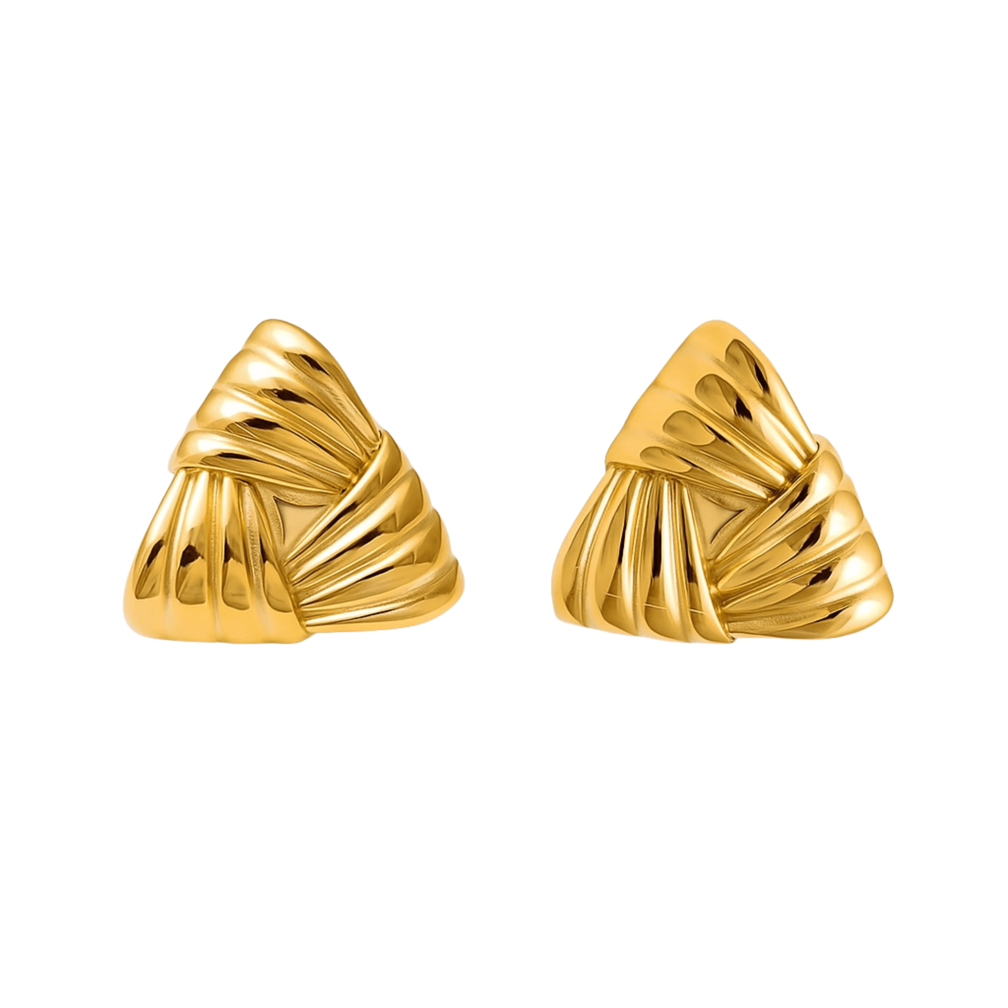The Perfect Hoop Nova Earrings shown on white background. Sculptural gold statement earrings with a folded, pleated triangular design in a high-shine finish. Sold as a pair.