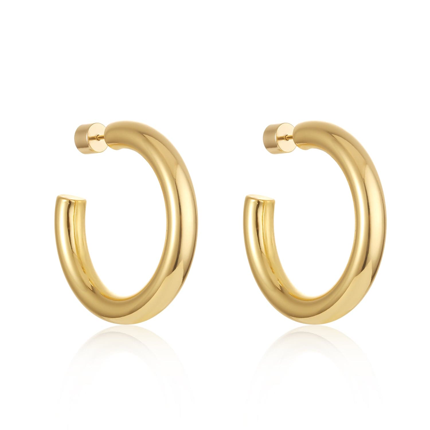 The Perfect Hoop by The Perfect Hoop on a pure white background, classic medium-sized gold open hoop earrings with a sleek polished finish.