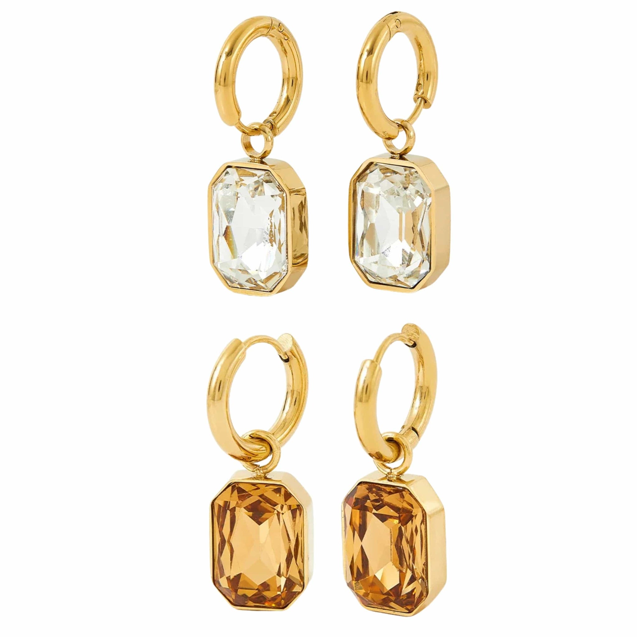 The Perfect Hoop Sahara Drop earrings in Clear Crystal and Desert Sand shown side by side on white background. Gold-plated huggie hoops with emerald-cut drop crystals.