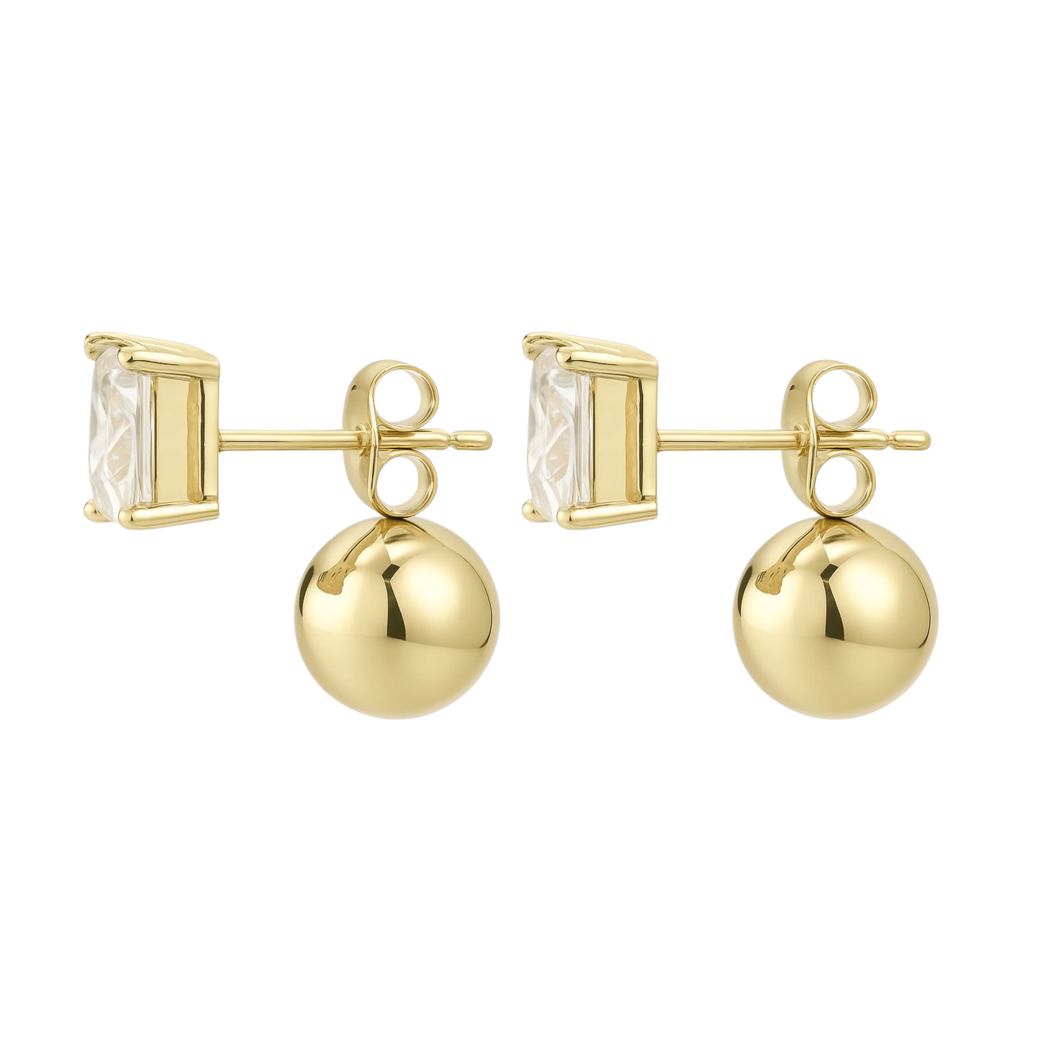 The Perfect Hoop Sofi Stud Earring in gold shown from side view, featuring a baguette-cut crystal and polished golden drop ball on a white background.