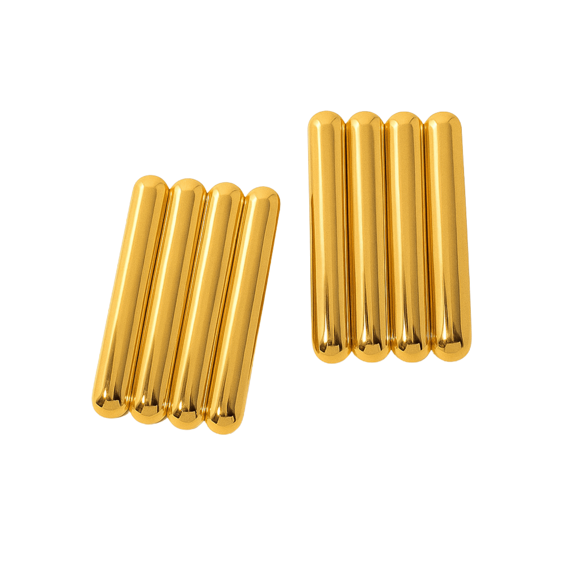 Pair of rectangular gold tube-shaped earrings on a white background by The Perfect Hoop.