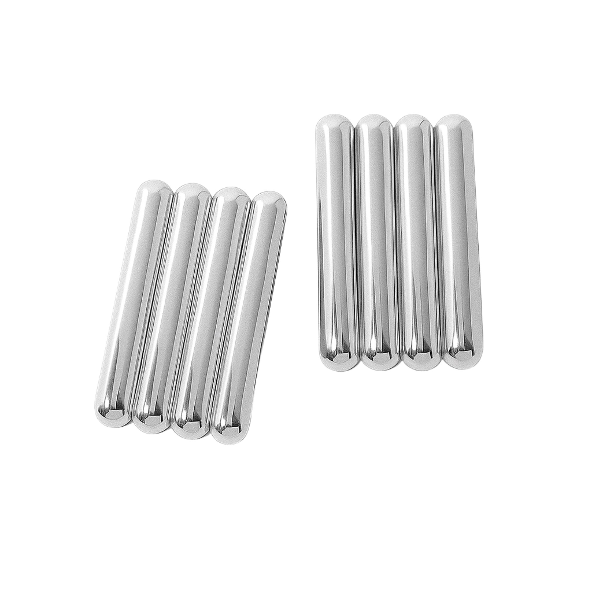 Pair of stainless steel rectangular tubed earrings on a white background.  By The Perfect Hoop.