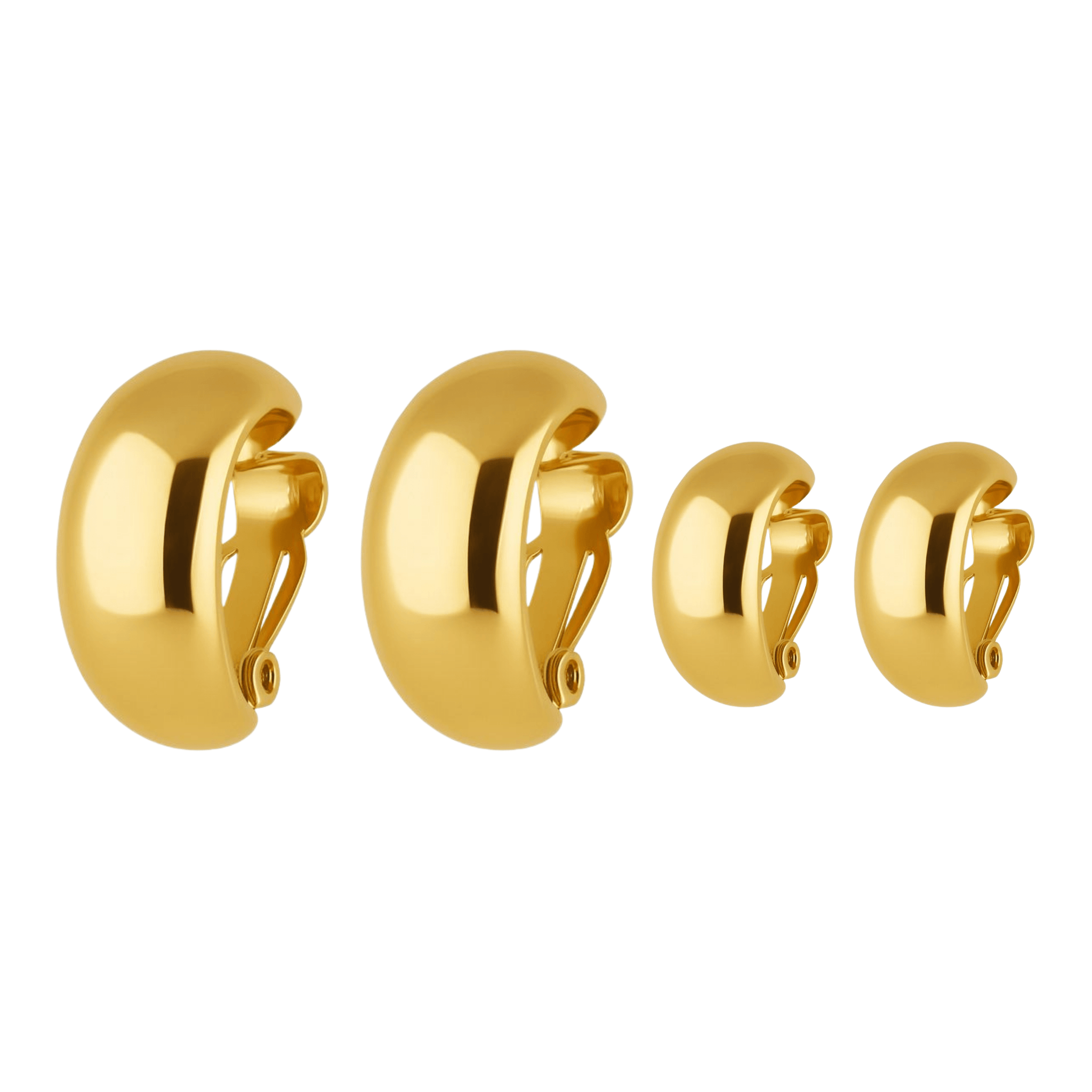 Set of gold domed clip-on hoop earrings on a white background by The Perfect Hoop.