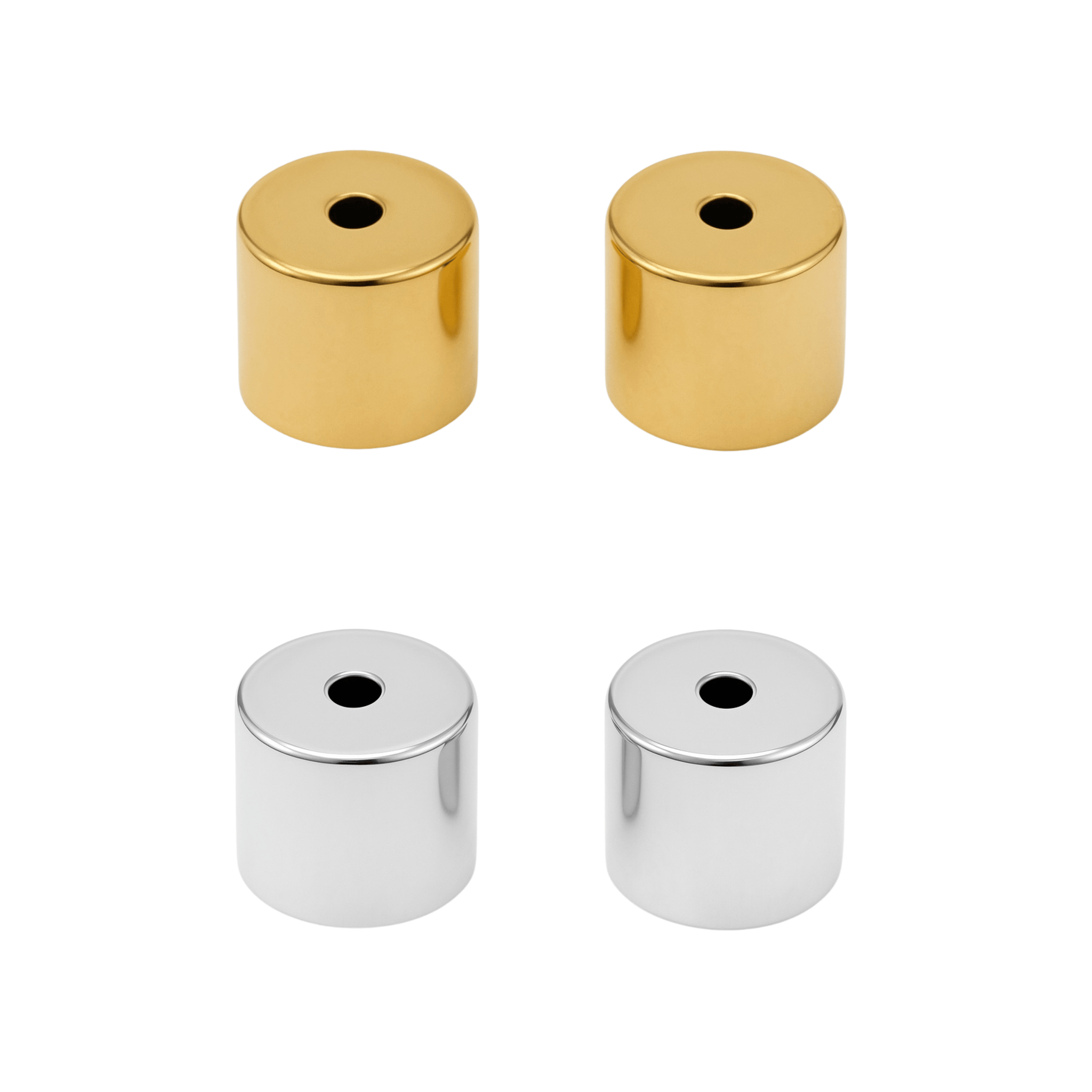 Four cylindrical backings, two gold and two silver, on a white background.  By The Perfect Hoop.