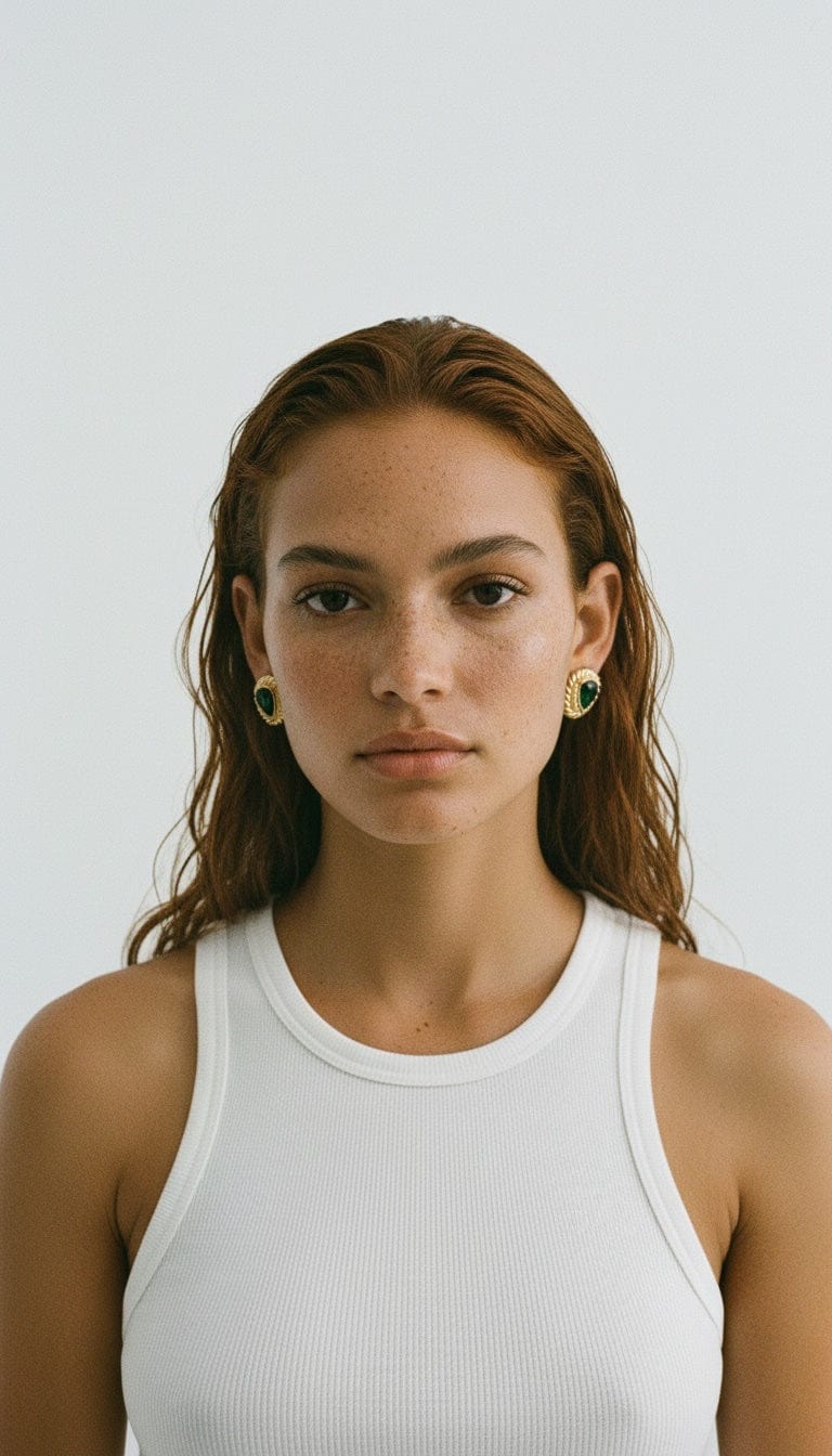 The Perfect Hoop Baroque Earrings worn by model with loose waves, styled with a white tank top to showcase the dark green teardrop crystal